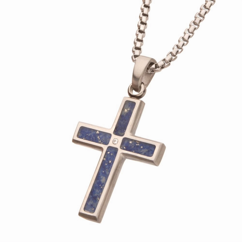 Matte Finish Stainless Steel Lapis Lazuli Stone Inlay With Lab-Grown Diamond Cross Pendant