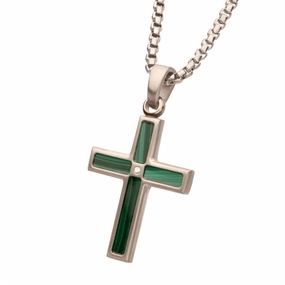 Matte Finish Stainless Steel Malachite Stone Inlay With Lab-Grown Diamond Cross Pendant Necklace