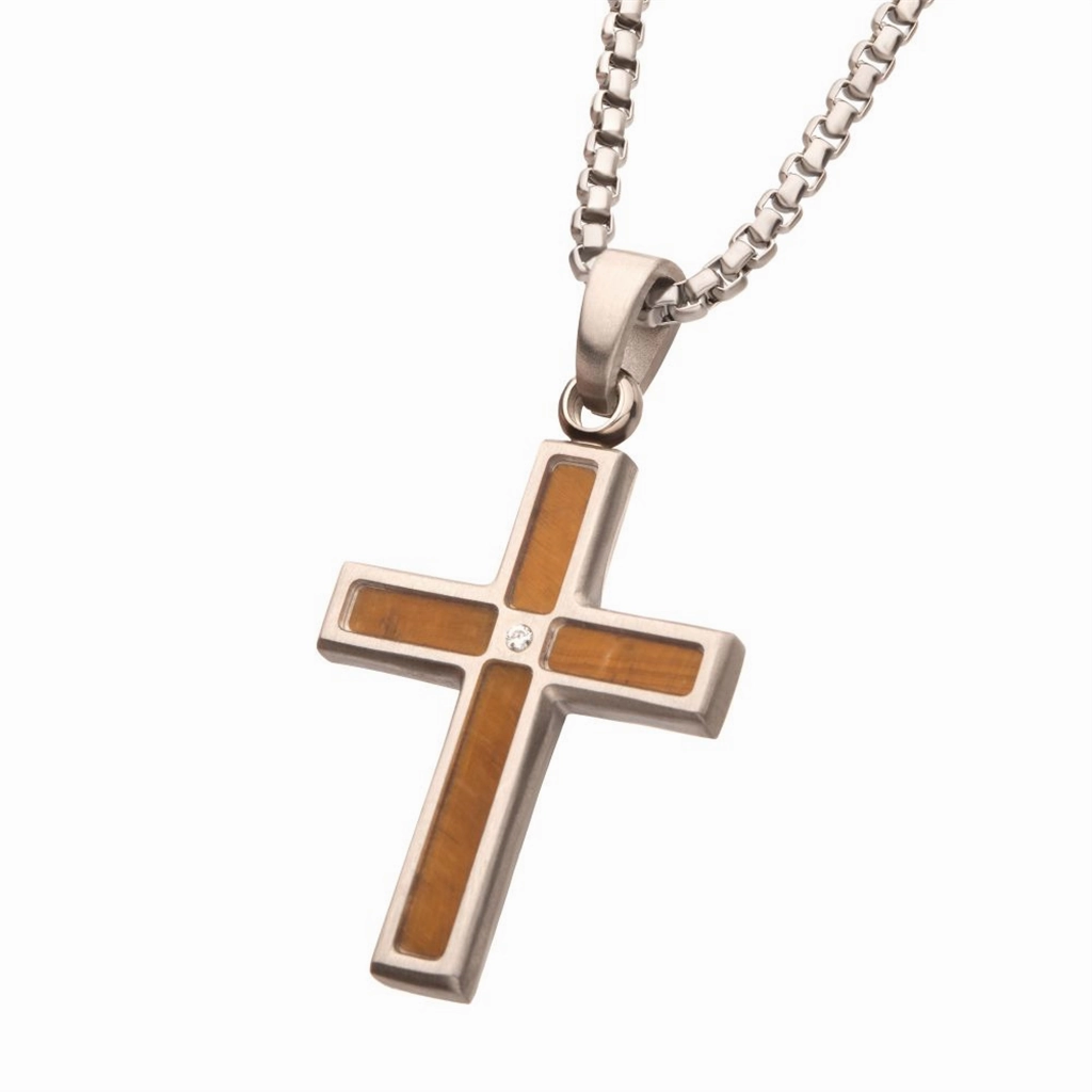 Matte Finish Stainless Steel Tiger Eye Stone Inlay With Lab-Grown Diamond Cross Pendant Necklace