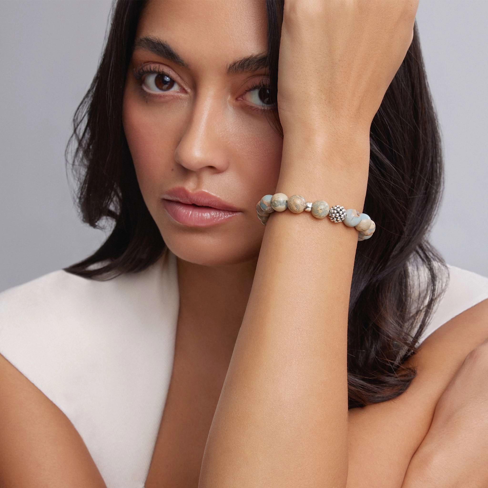 Maya Aqua Tera Jasper Silver Station Bead Bracelet