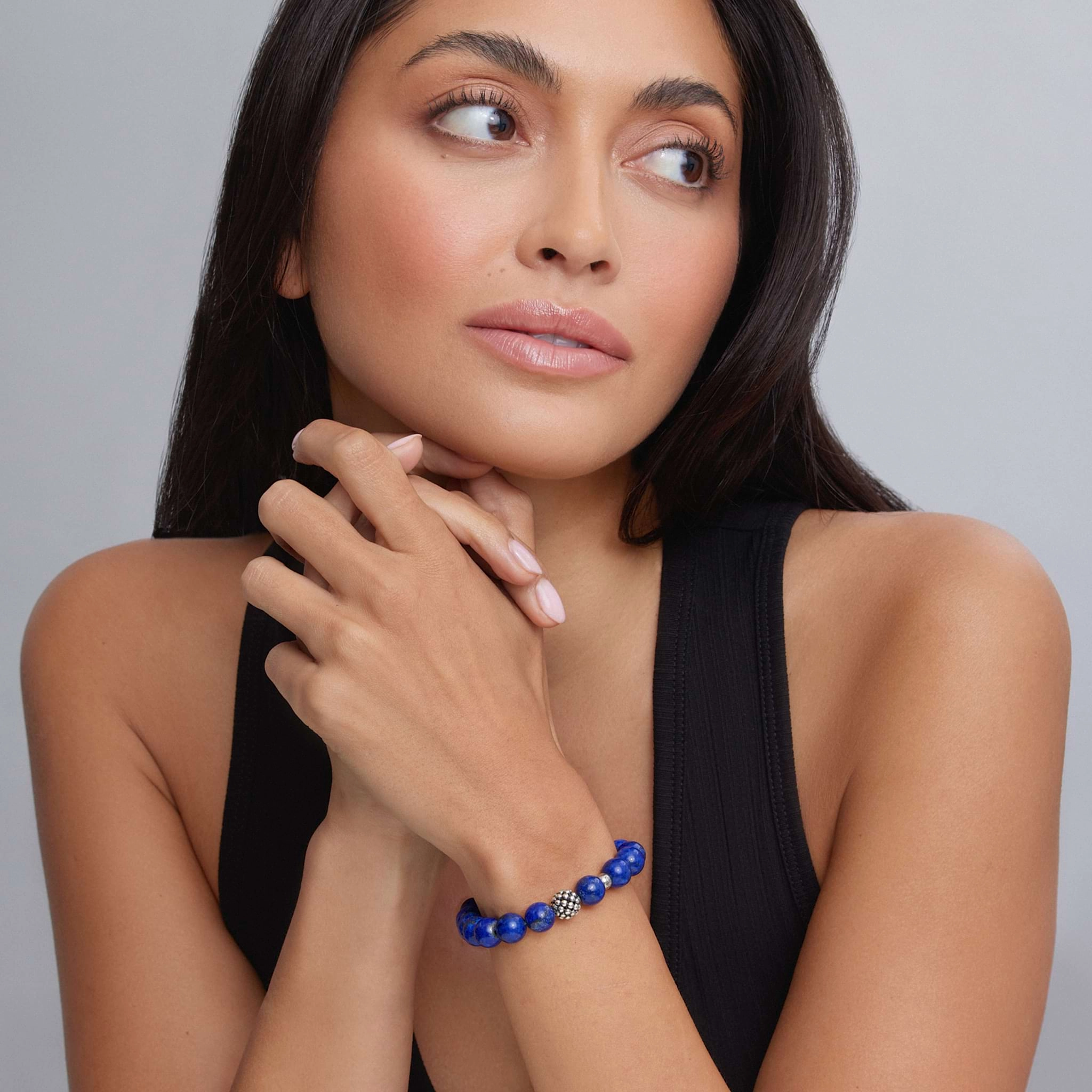 Maya Lapis Silver Station Bead Bracelet