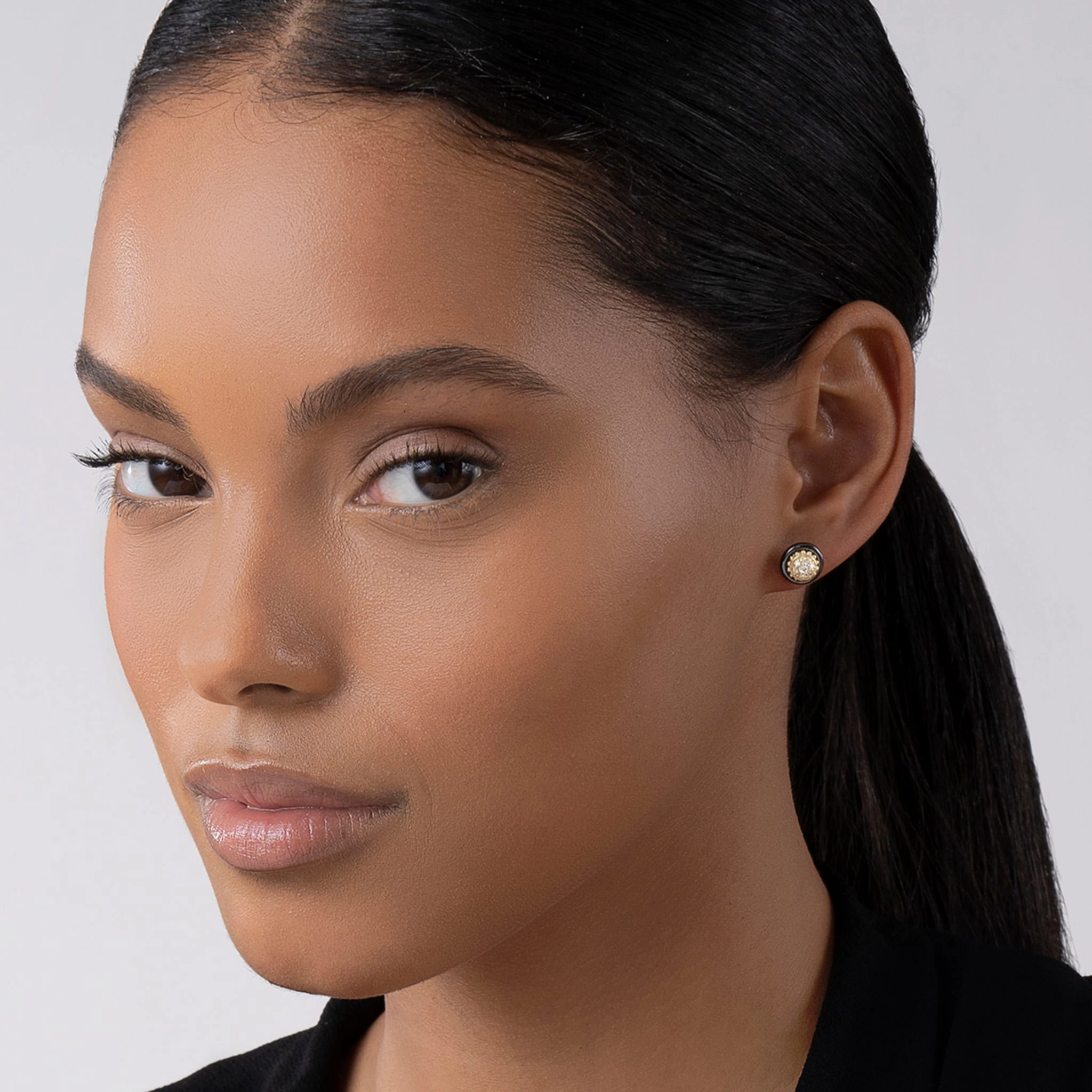 Meridian 18K Gold and Black Ceramic Diamond Stud Earrings