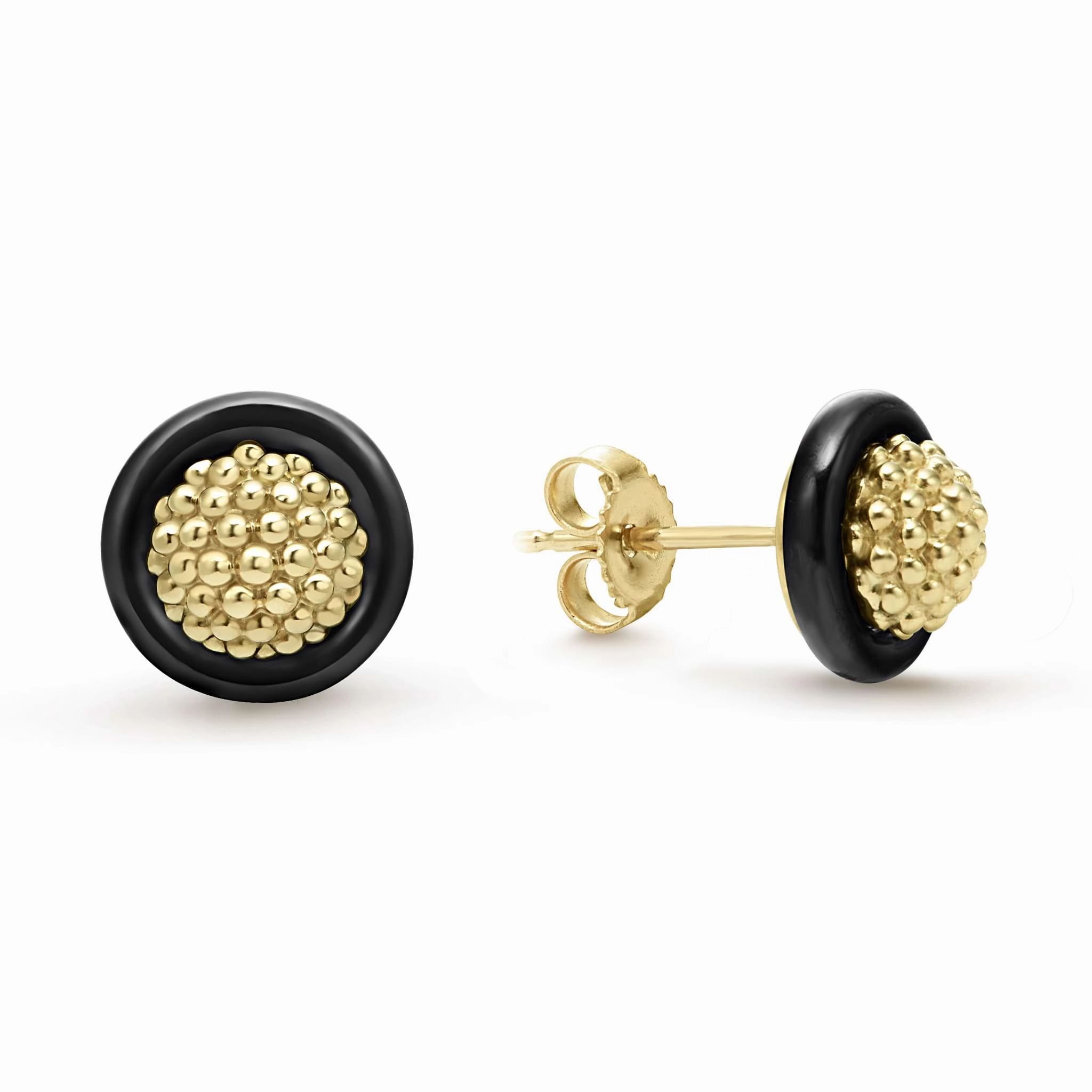 Meridian 18K Gold Caviar and Black Ceramic Stud Earrings