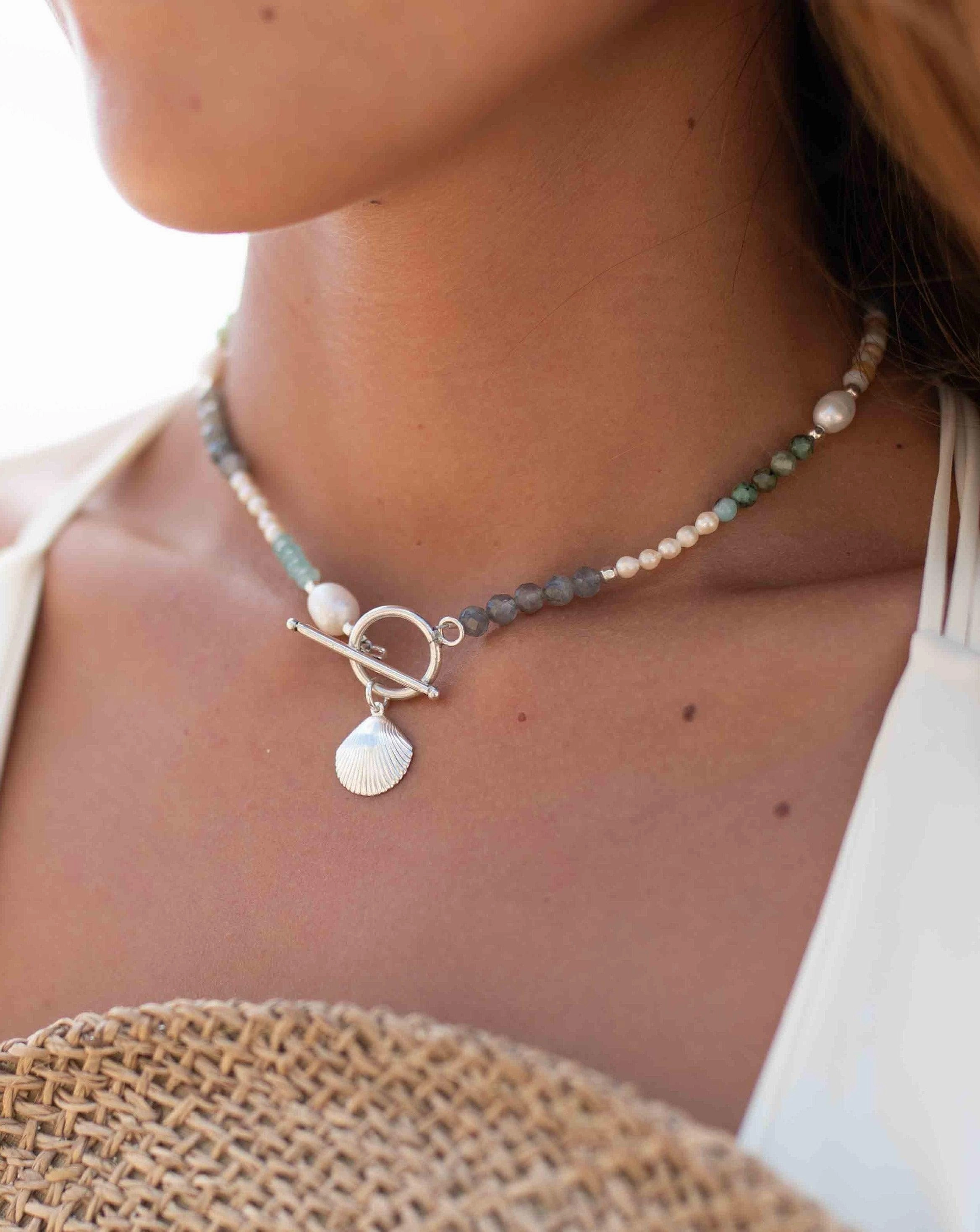 Mixed Stones Shell necklace ~ Sterling Silver 925 ~ Choker ~ MN094