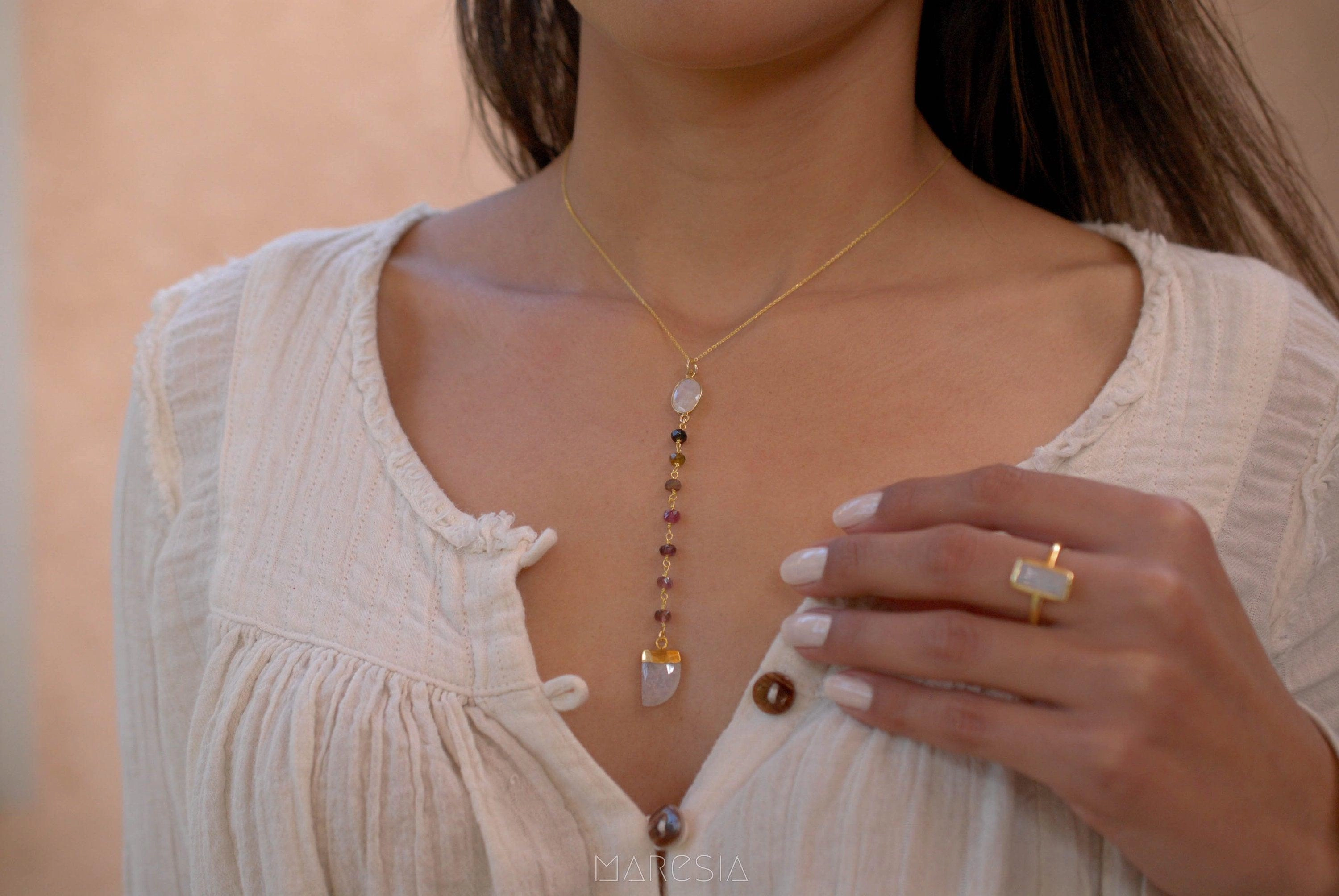 Moonstone & Tourmaline Y Necklace ~ Gold Vermeil ~ MN048