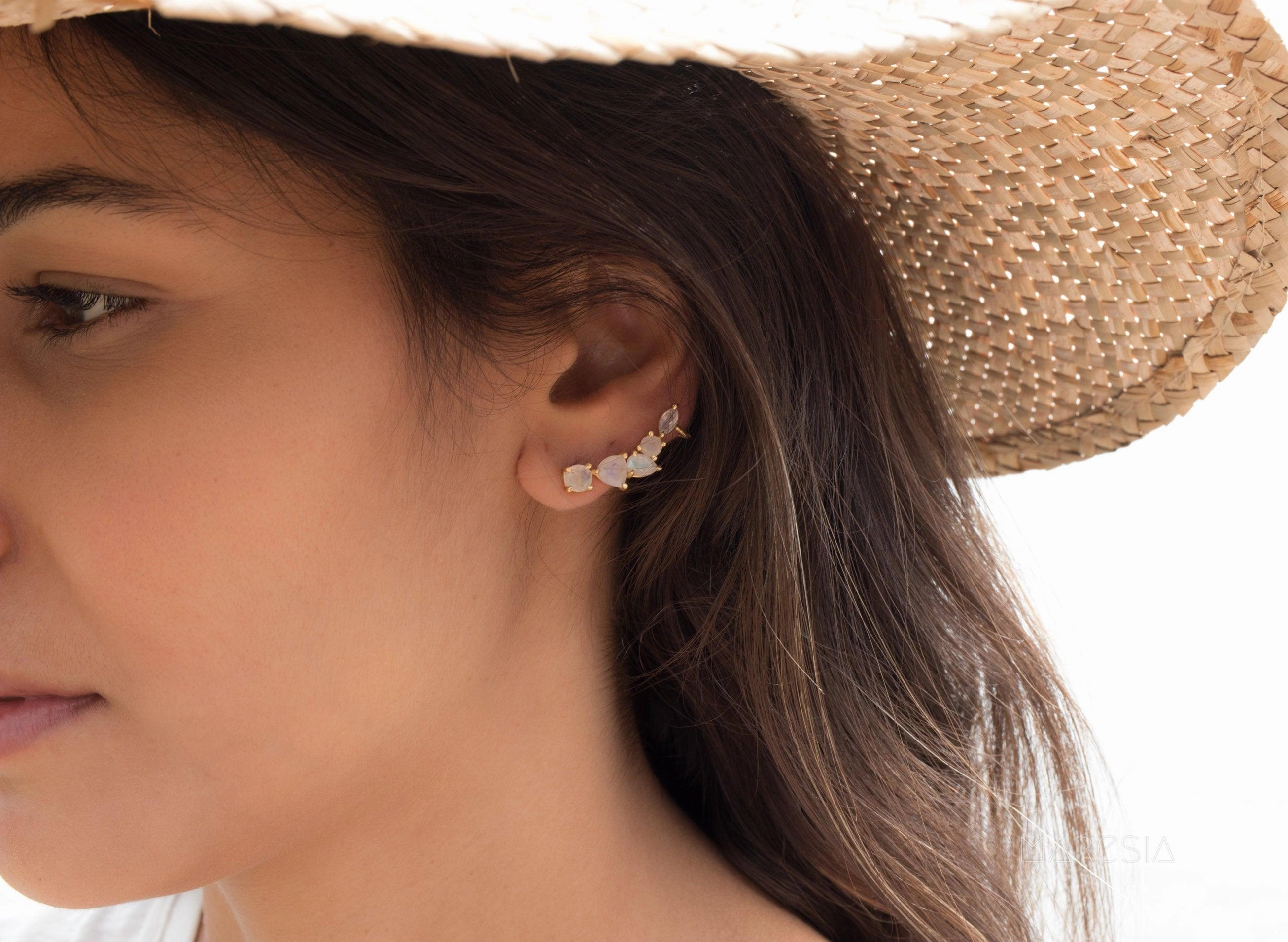 Moonstone Ear Climber Earrings ~ 18k Gold Plated ~ ME173