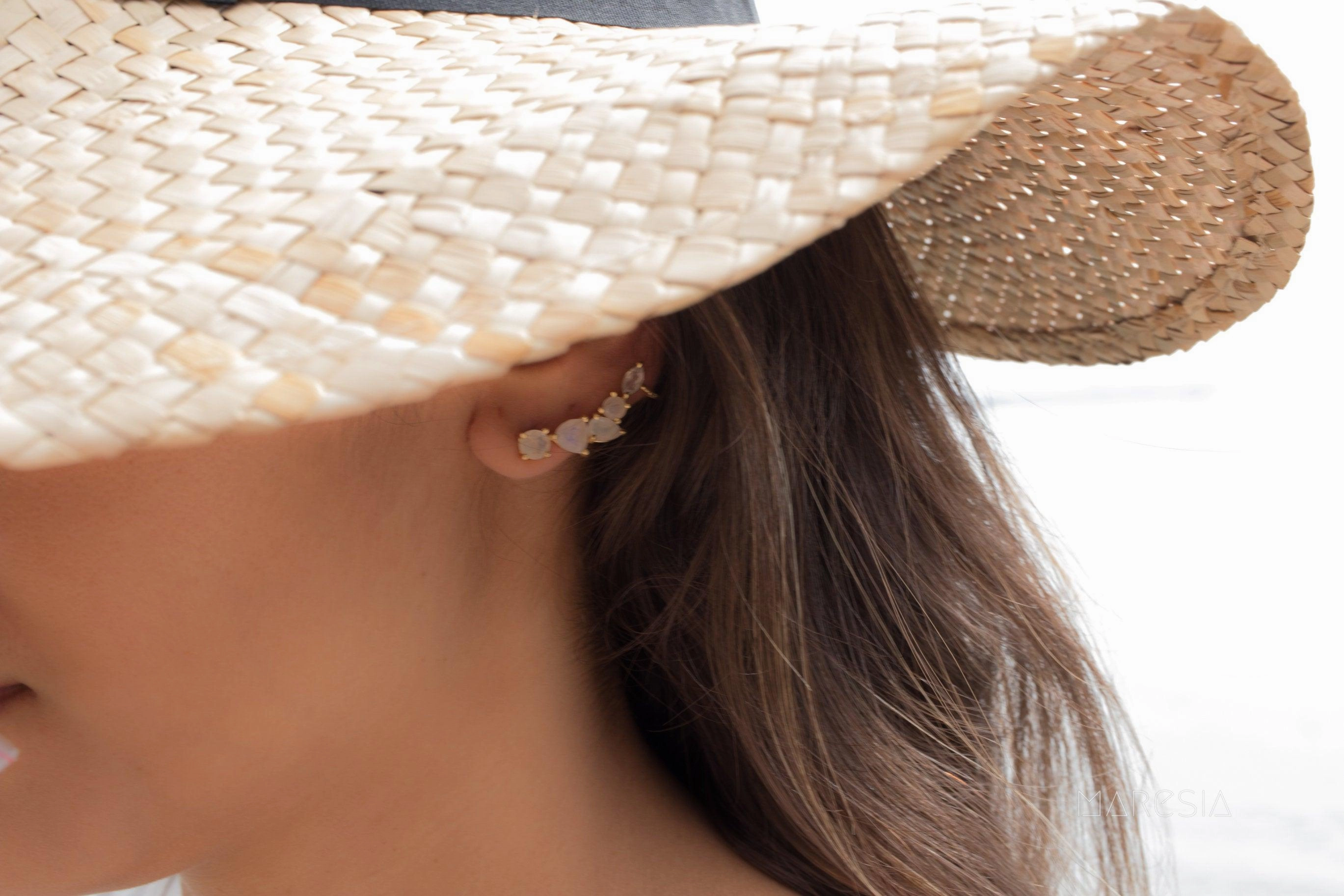 Moonstone Ear Climber Earrings ~ 18k Gold Plated ~ ME173