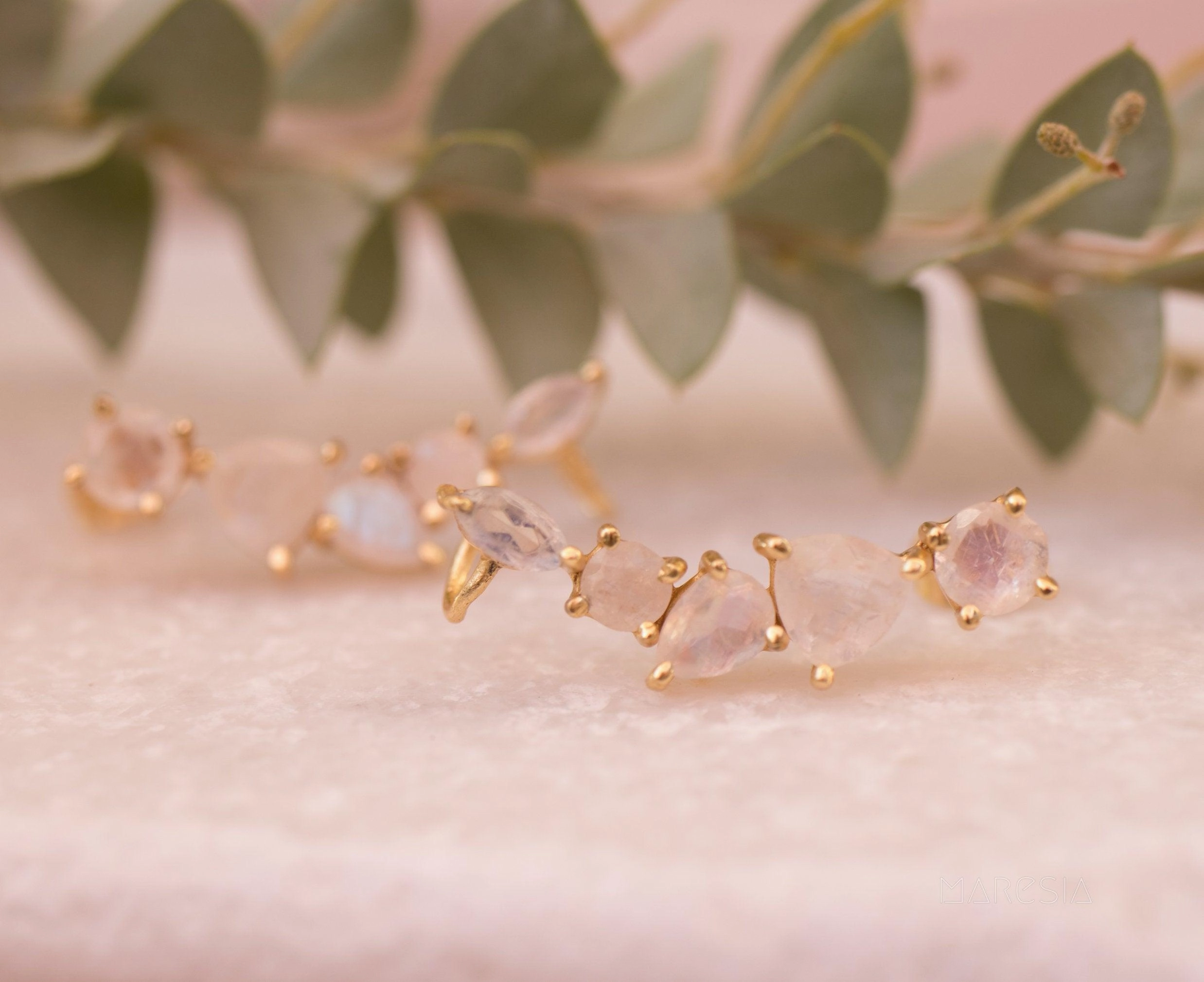 Moonstone Ear Climber Earrings ~ 18k Gold Plated ~ ME173