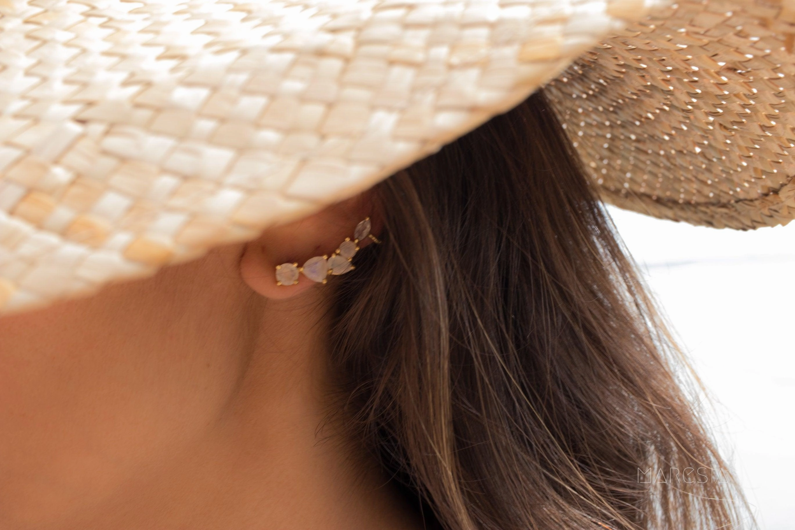 Moonstone Ear Climber Earrings ~ 18k Gold Plated ~ ME173