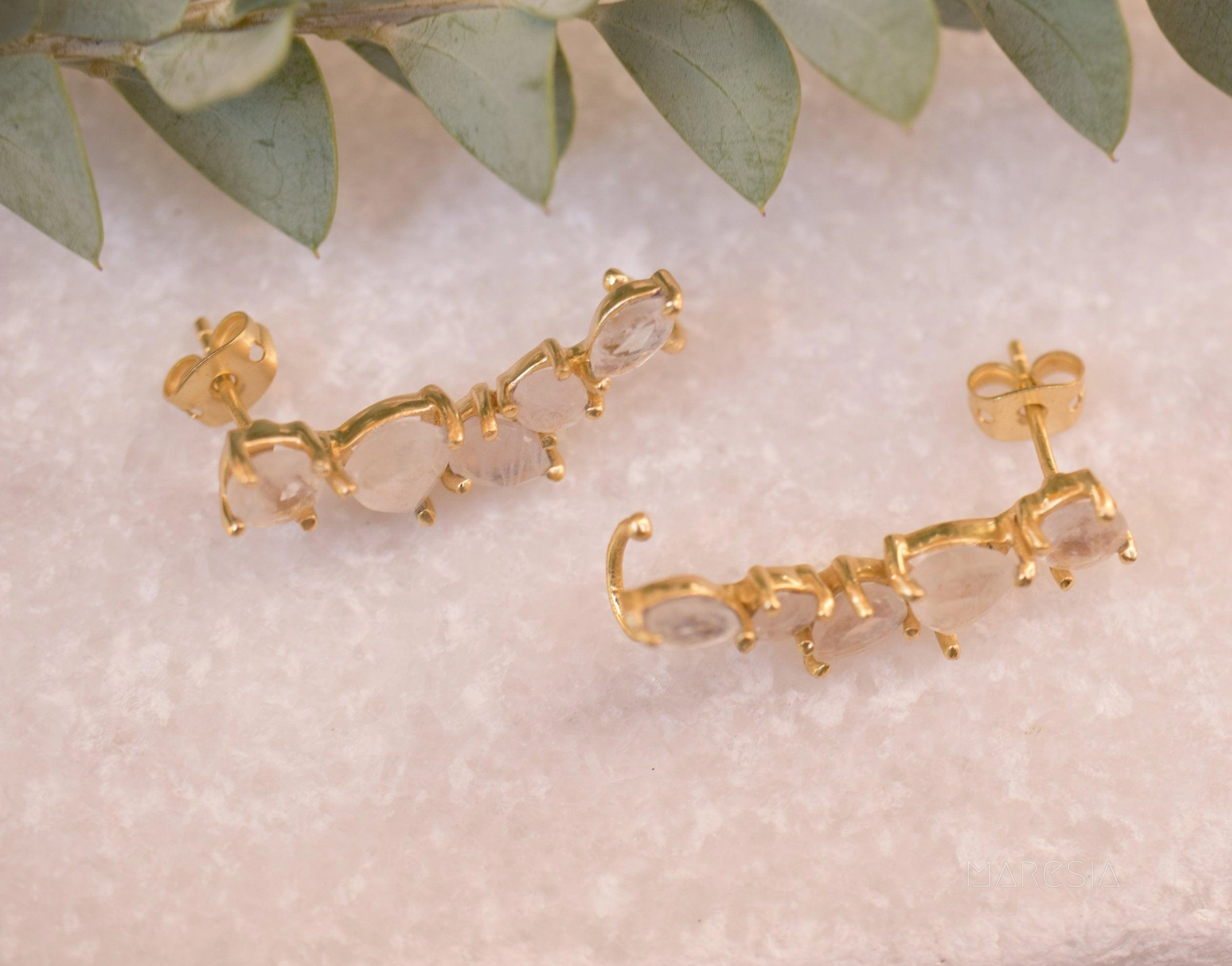 Moonstone Ear Climber Earrings ~ 18k Gold Plated ~ ME173