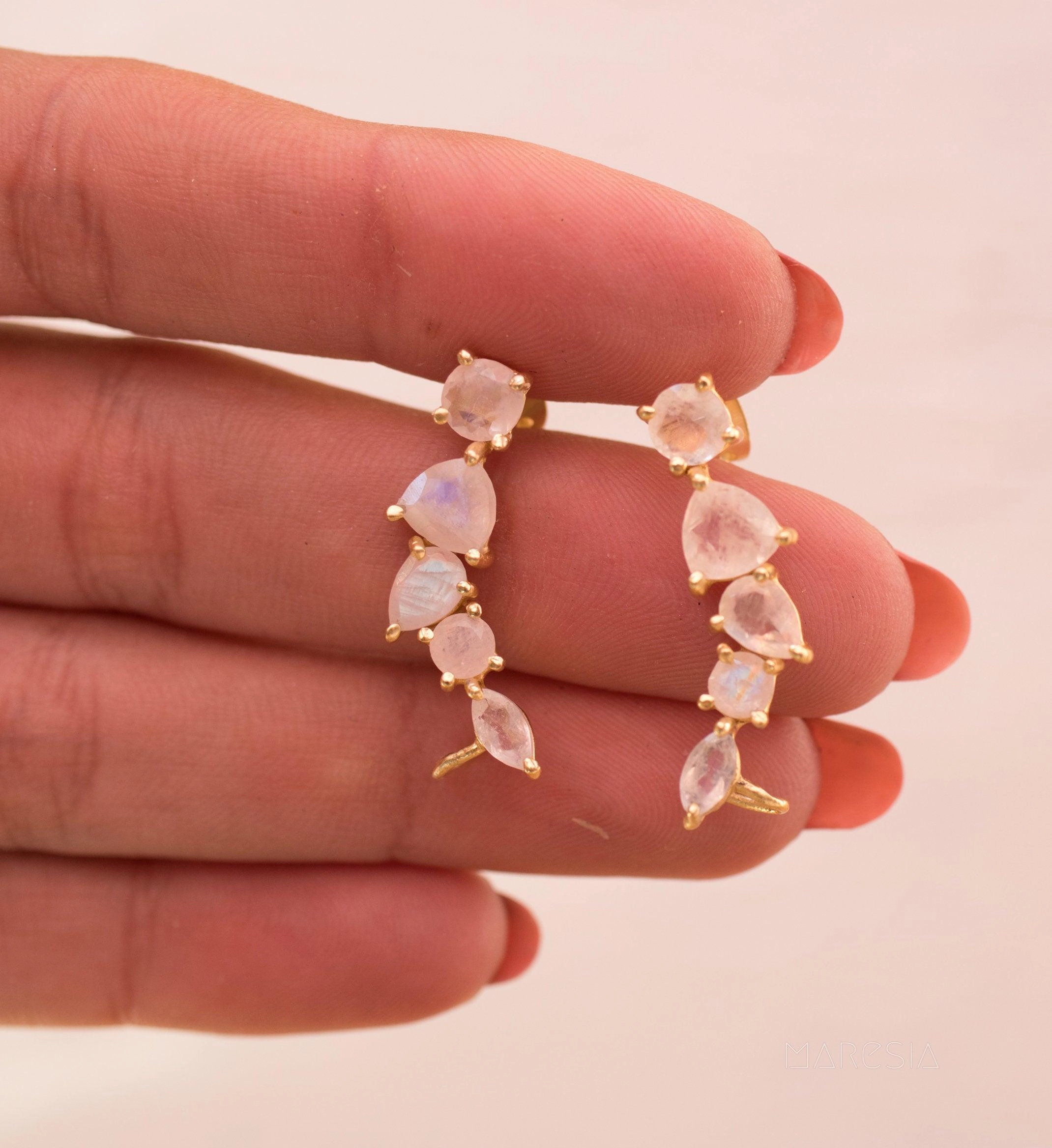 Moonstone Ear Climber Earrings ~ 18k Gold Plated ~ ME173