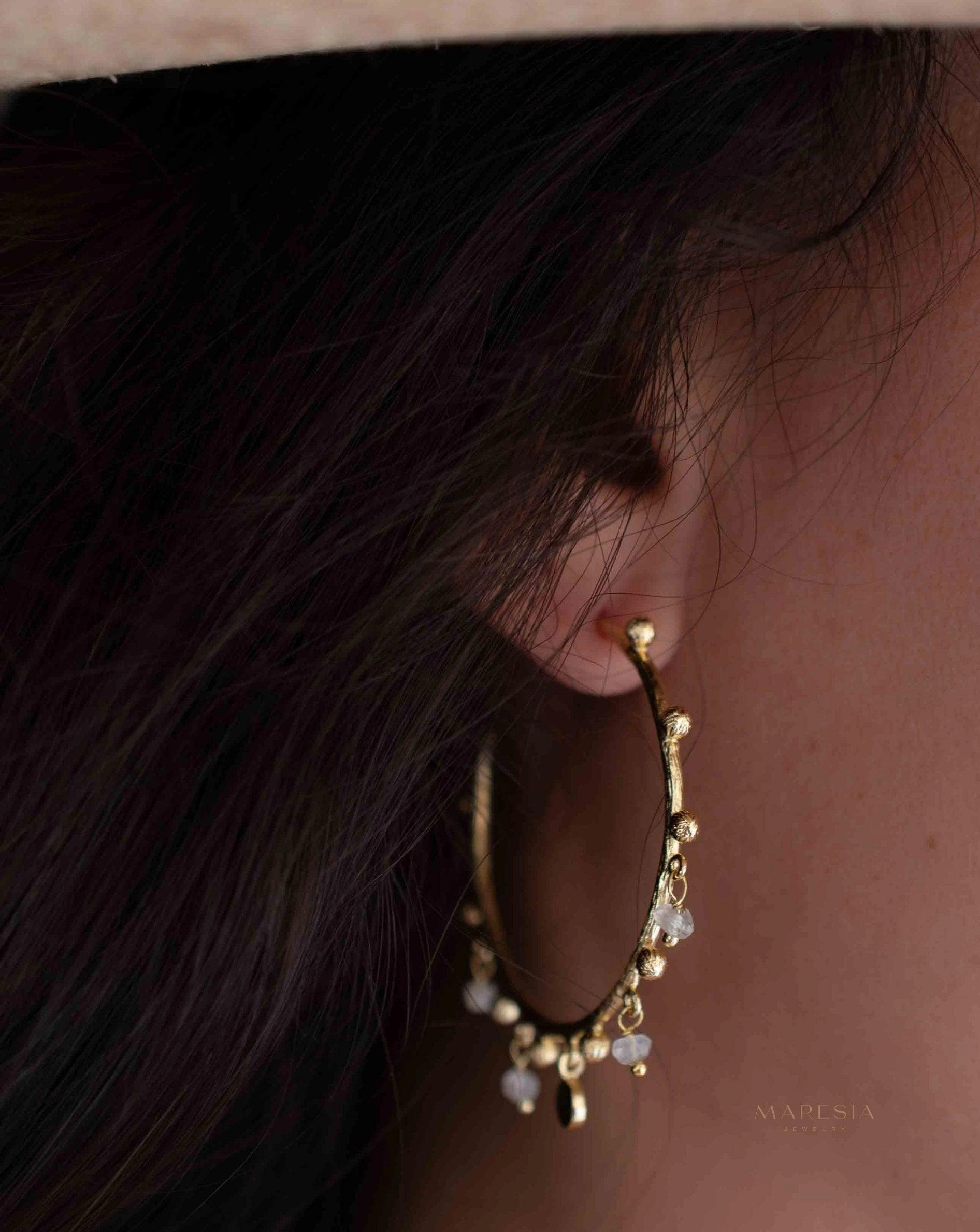 Moonstone Hoop Earrings ~ 18k Gold Plated ~ ME214