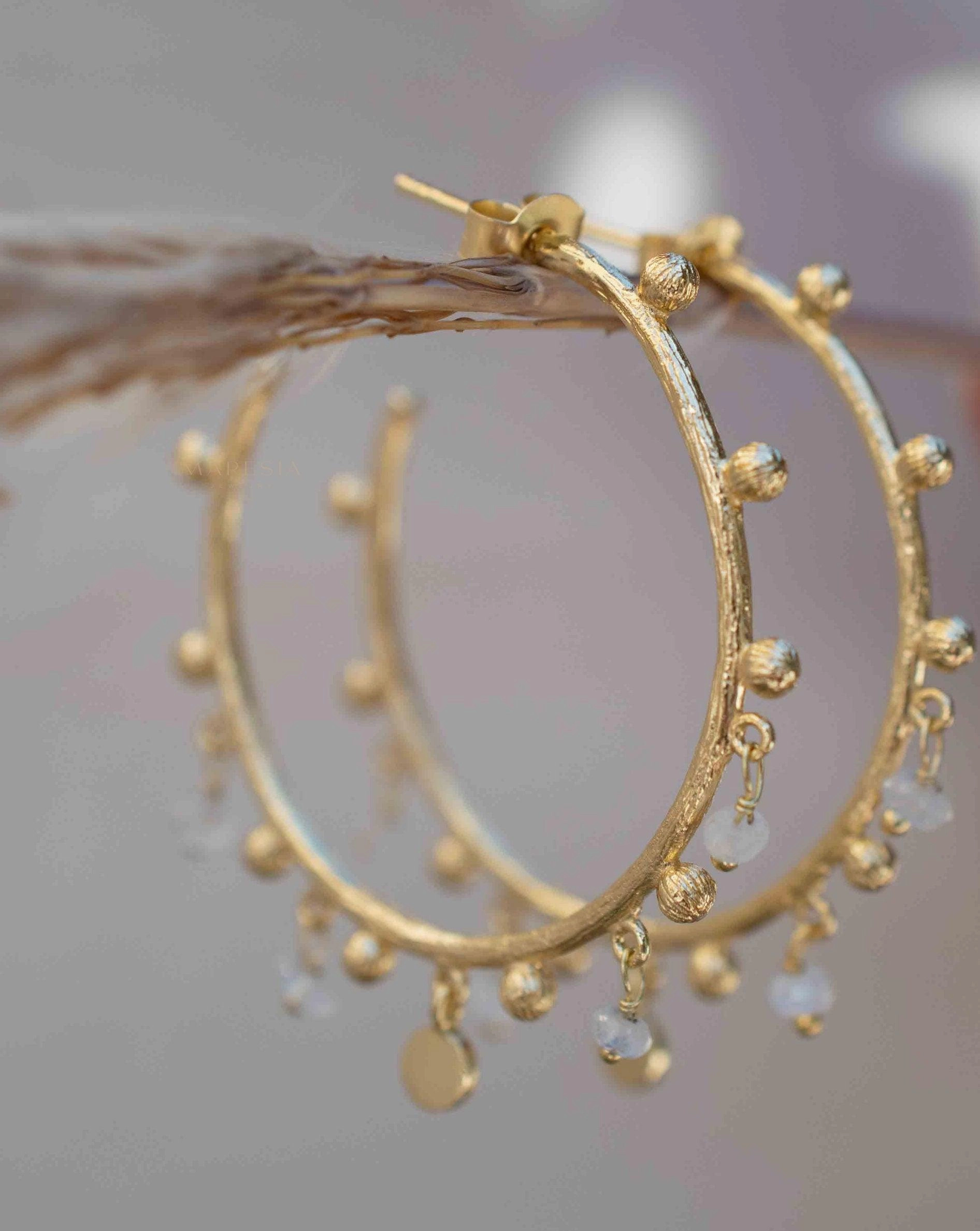 Moonstone Hoop Earrings ~ 18k Gold Plated ~ ME214