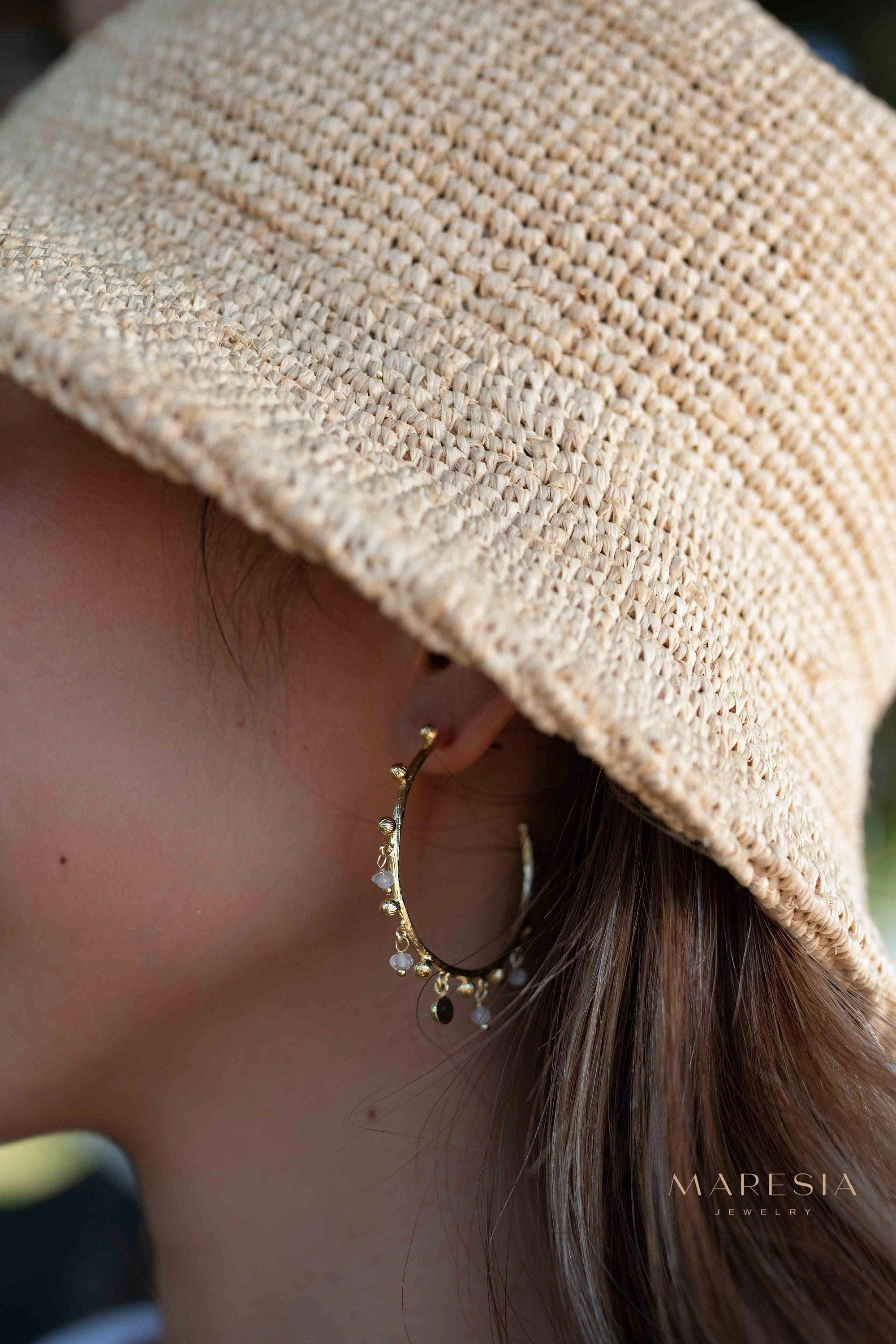 Moonstone Hoop Earrings ~ 18k Gold Plated ~ ME214