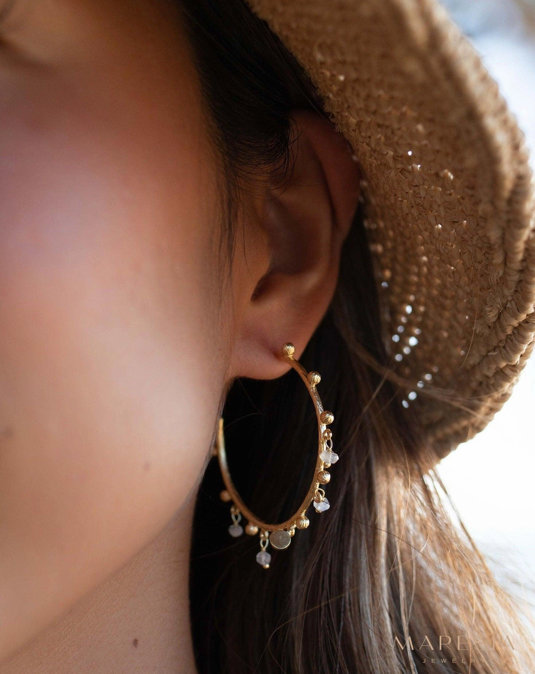 Moonstone Hoop Earrings ~ 18k Gold Plated ~ ME214
