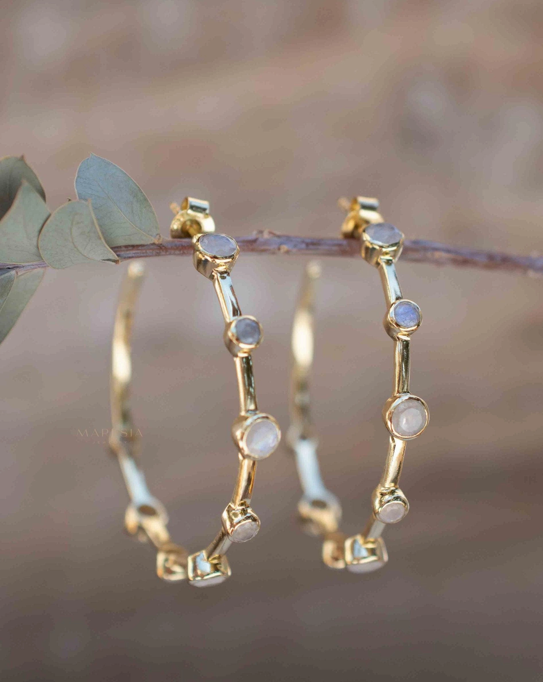 Moonstone Hoop Earrings ~ 18k Gold Plated  ~ ME216