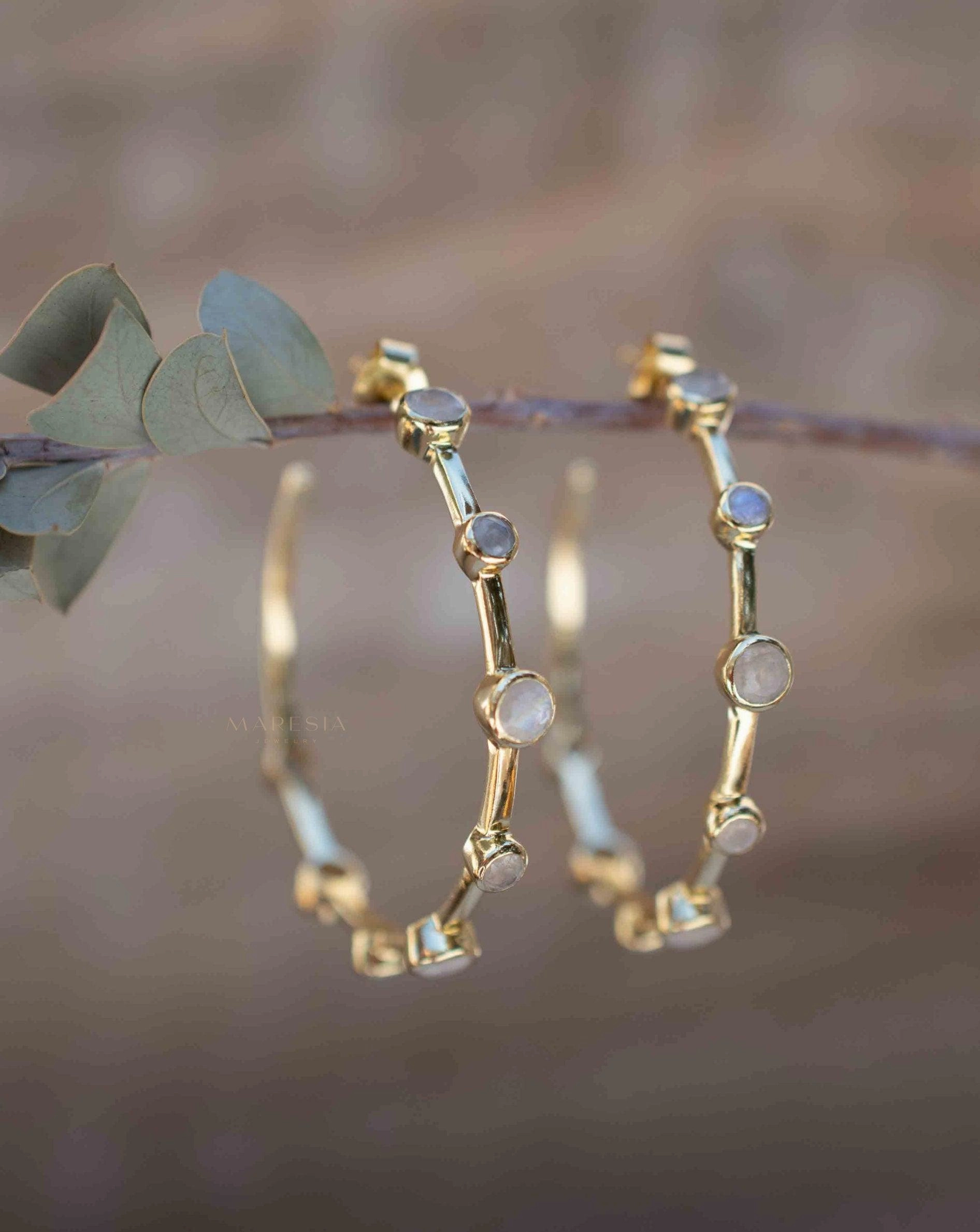 Moonstone Hoop Earrings ~ 18k Gold Plated  ~ ME216