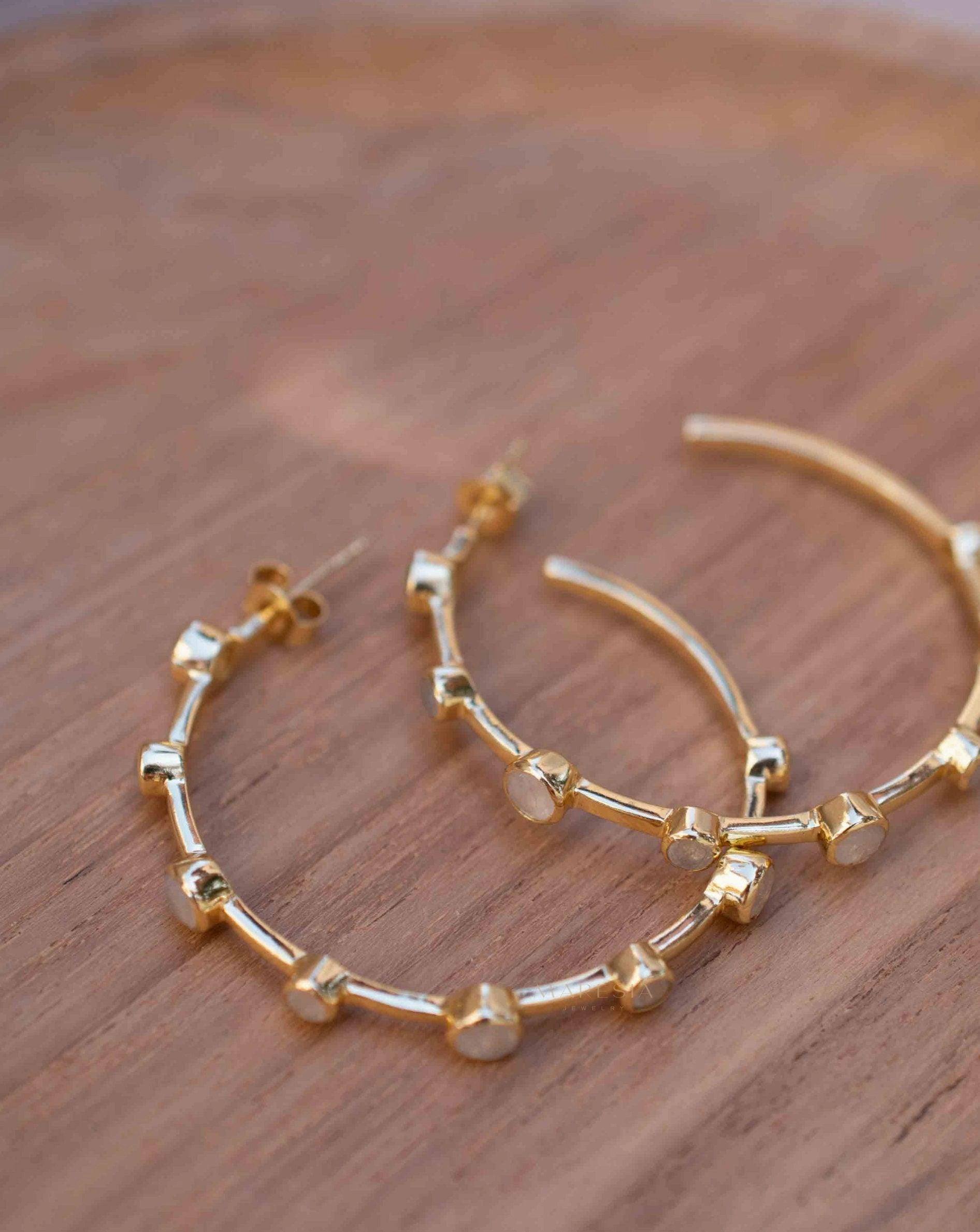 Moonstone Hoop Earrings ~ 18k Gold Plated  ~ ME216