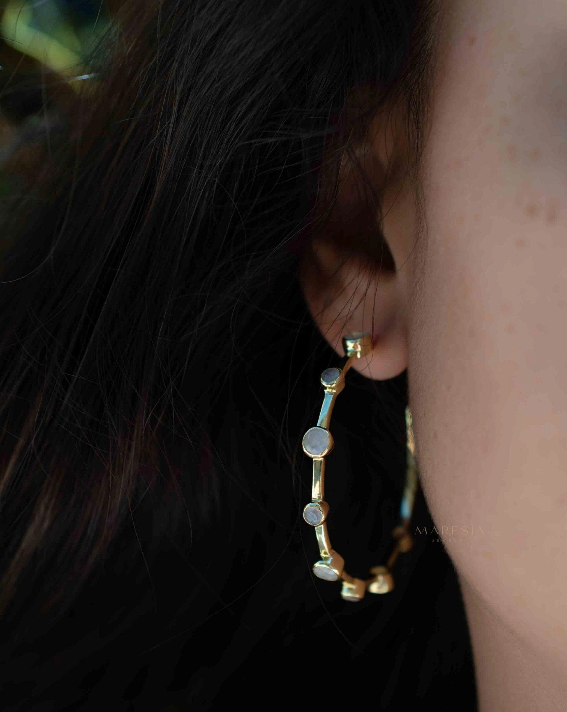 Moonstone Hoop Earrings ~ 18k Gold Plated  ~ ME216