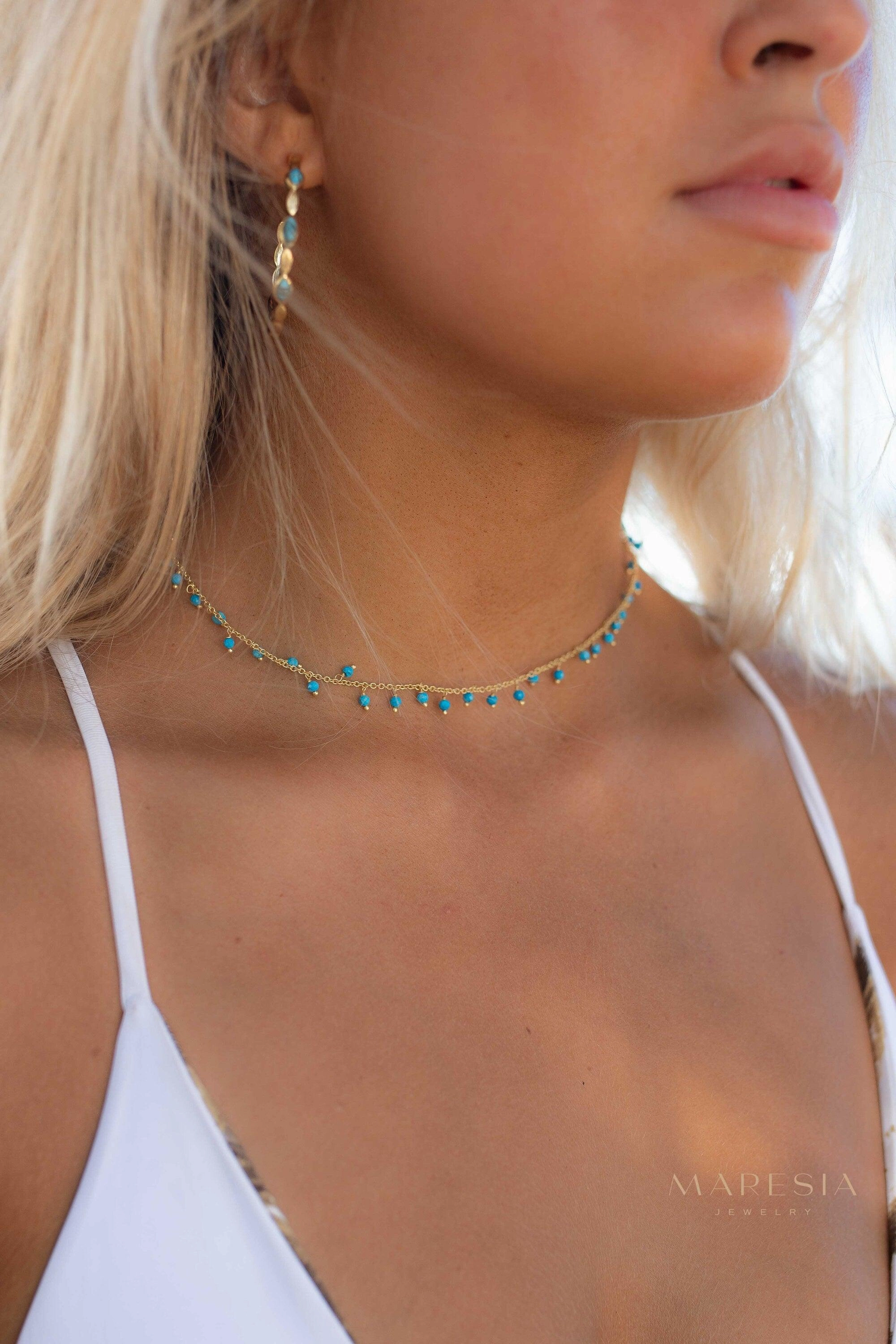 Moonstone, Labradorite, Aqua Chalcedony, Tourmaline or Turquoise Choker Necklace ~ Gold Plated 18k ~ MN133