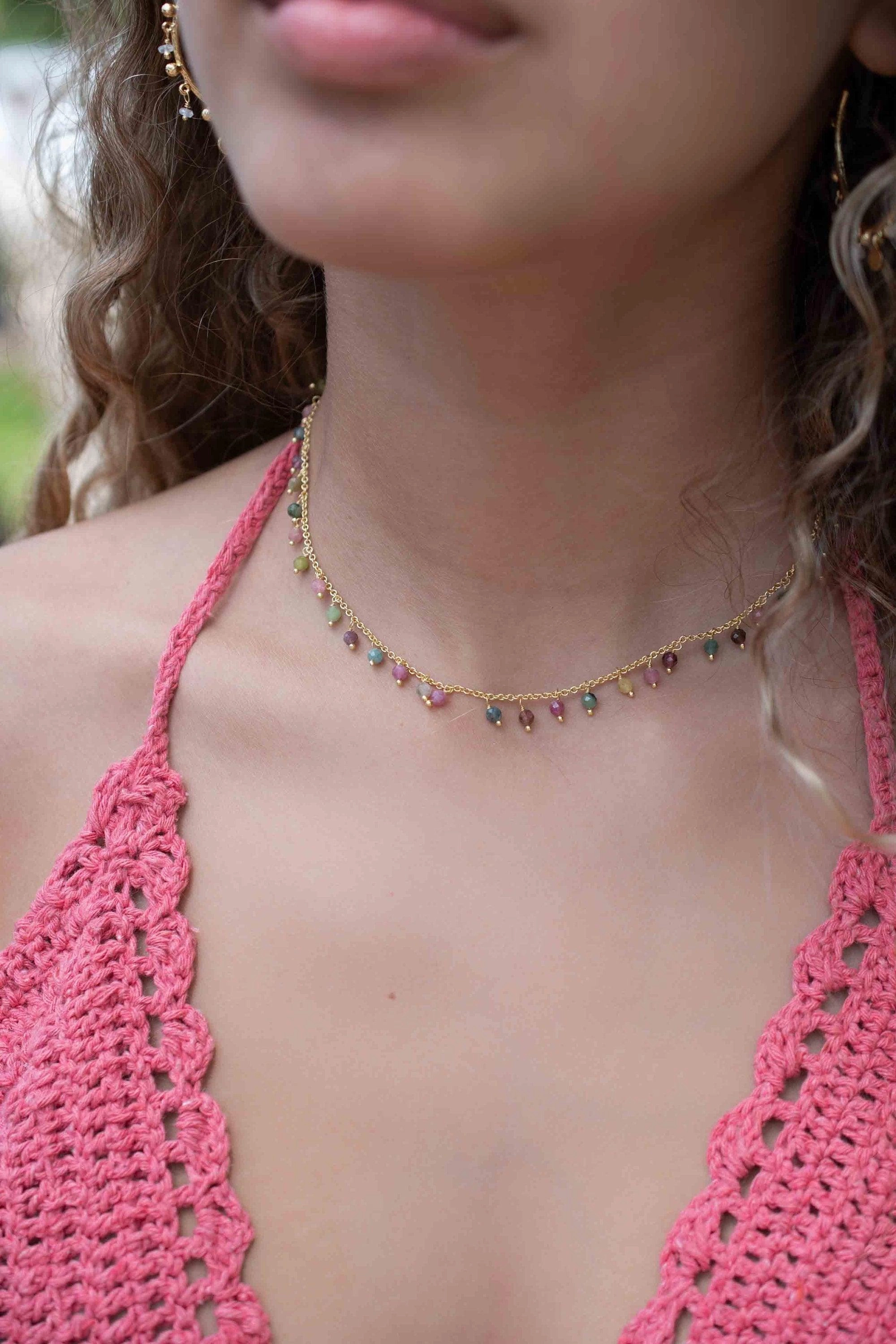 Moonstone, Labradorite, Aqua Chalcedony, Tourmaline or Turquoise Choker Necklace ~ Gold Plated 18k ~ MN134