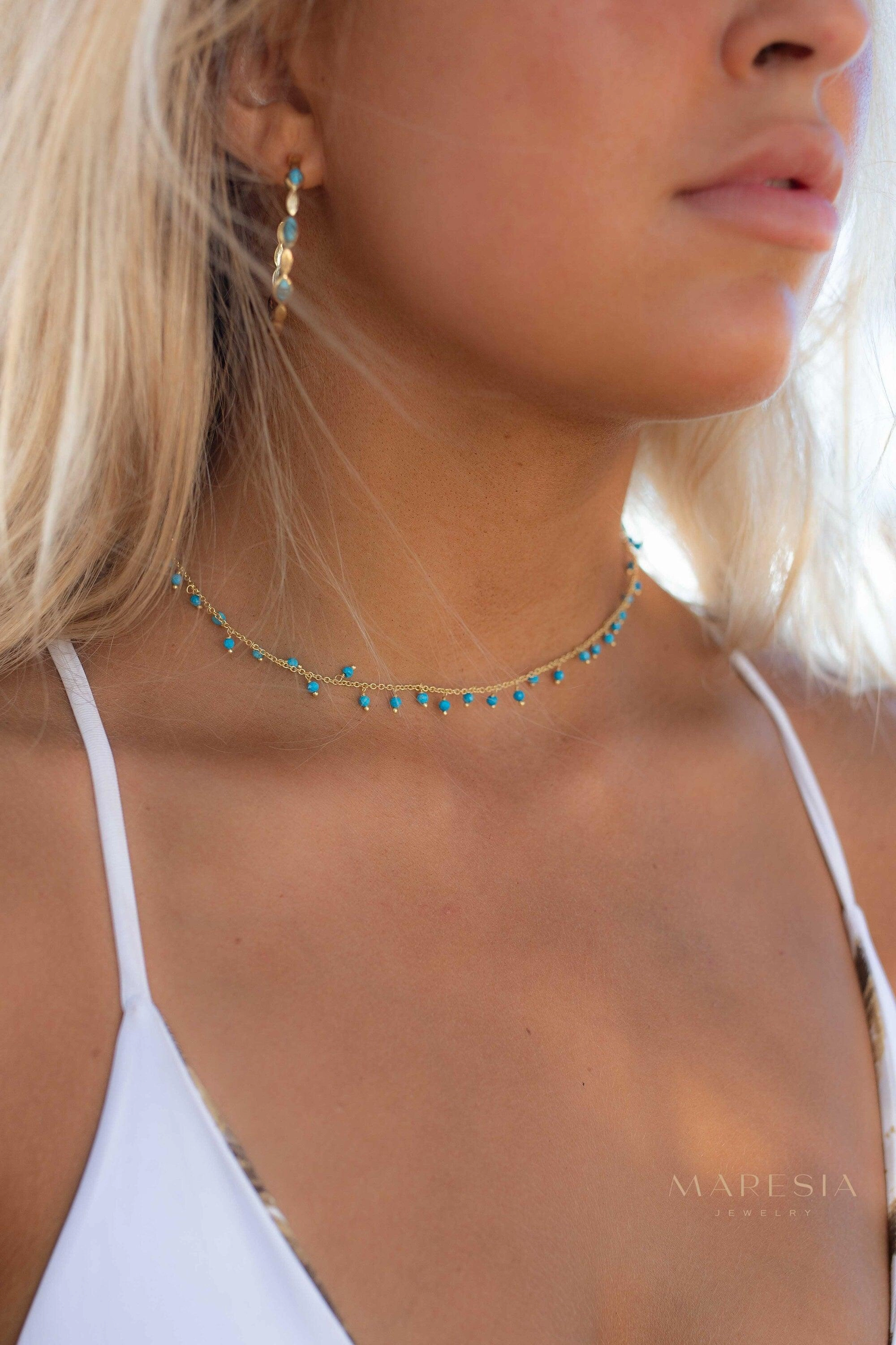 Moonstone, Labradorite, Aqua Chalcedony, Tourmaline or Turquoise Choker Necklace ~ Gold Plated 18k ~ MN134