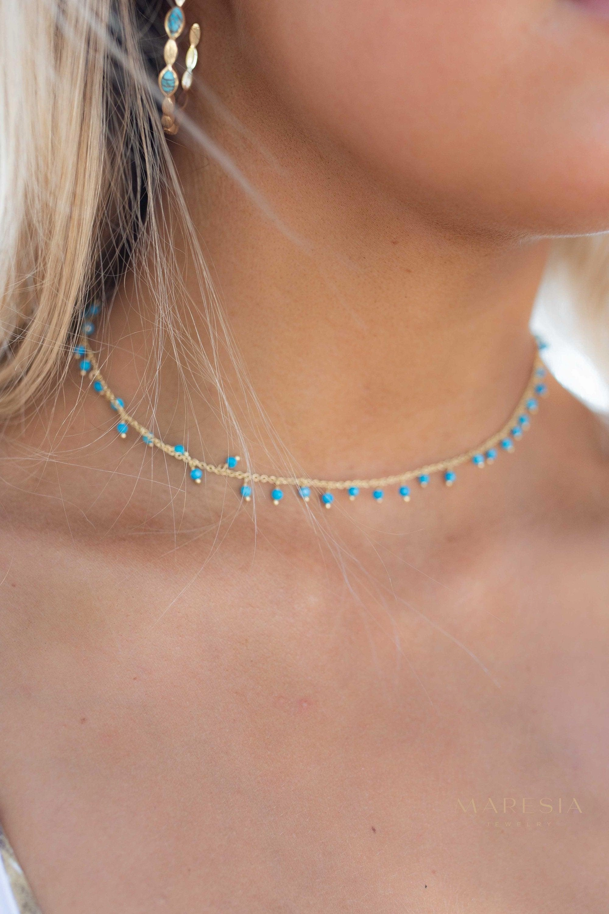 Moonstone, Labradorite, Aqua Chalcedony, Tourmaline or Turquoise Choker Necklace ~ Gold Plated 18k ~ MN134