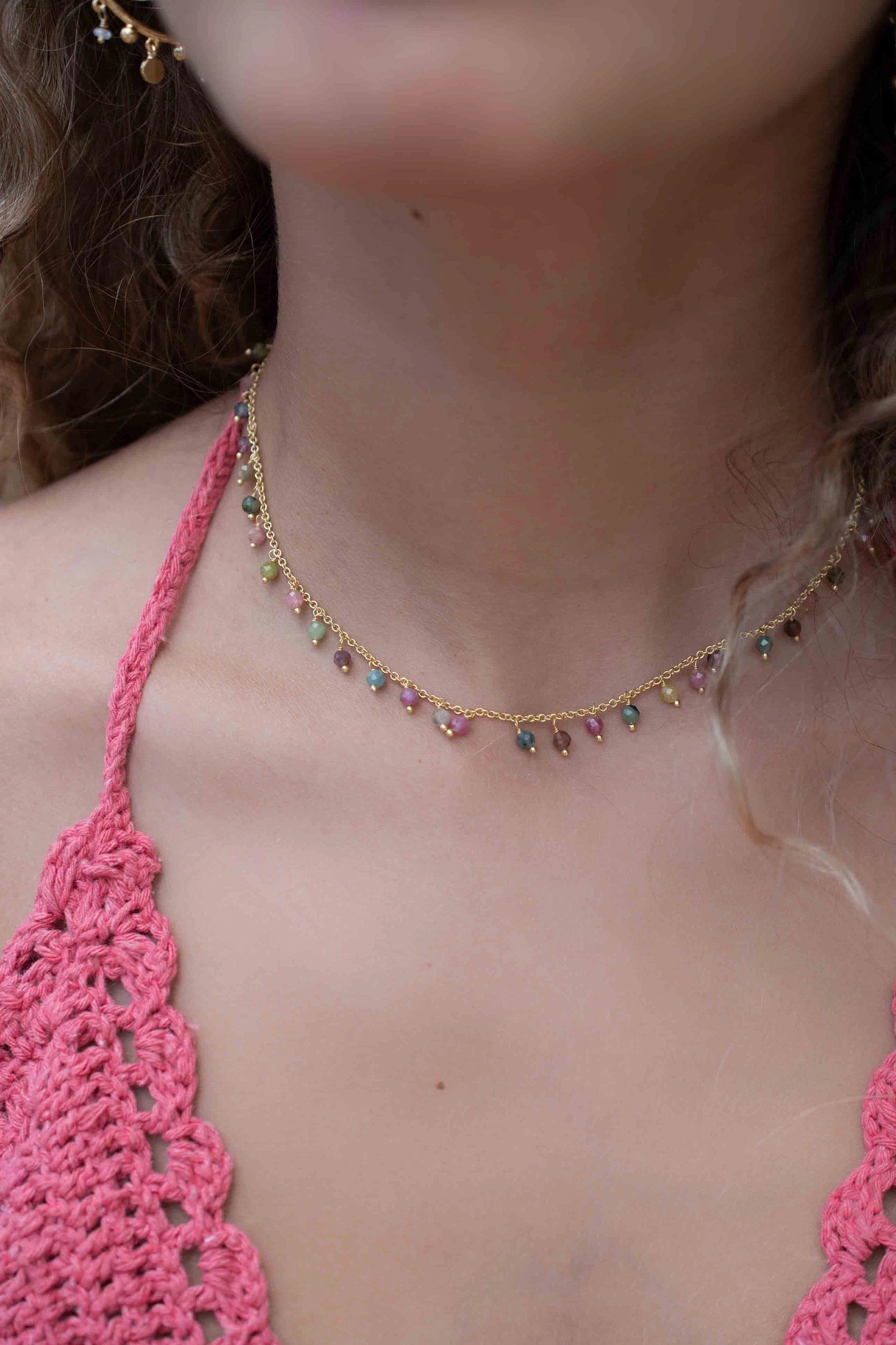 Moonstone, Labradorite, Aqua Chalcedony, Tourmaline or Turquoise Choker Necklace ~ Gold Plated 18k ~ MN134