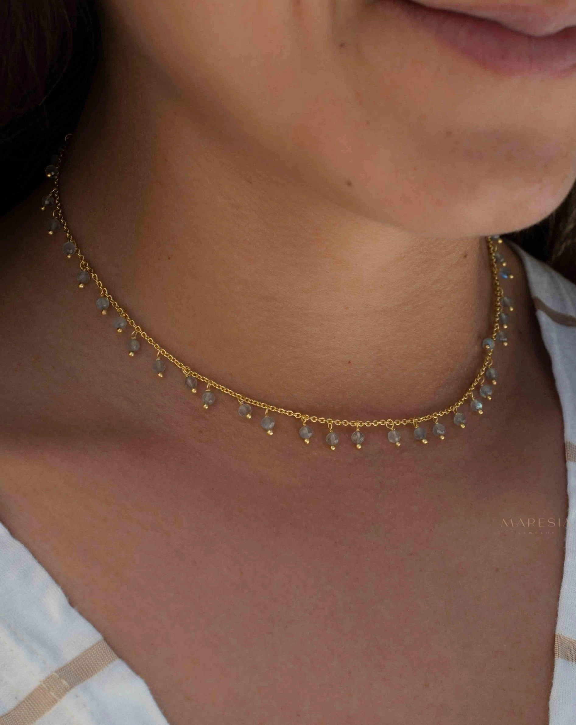 Moonstone, Labradorite, Aqua Chalcedony, Tourmaline or Turquoise Choker Necklace ~ Gold Plated 18k ~ MN134