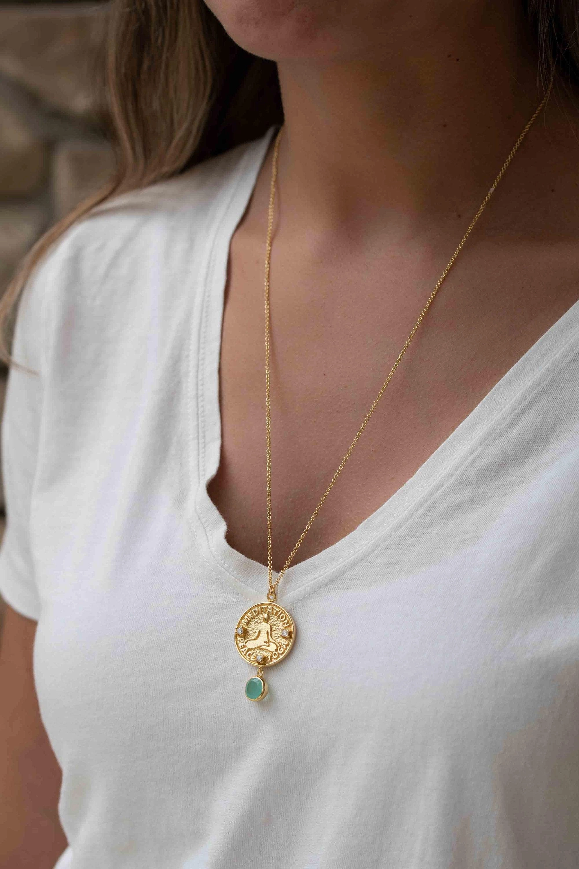 Moonstone, Labradorite or Aqua Chalcedony ~ Meditation Peace Yoga Necklace  ~ Gold plated 18k  ~ Cubic zirconia ~ MN118