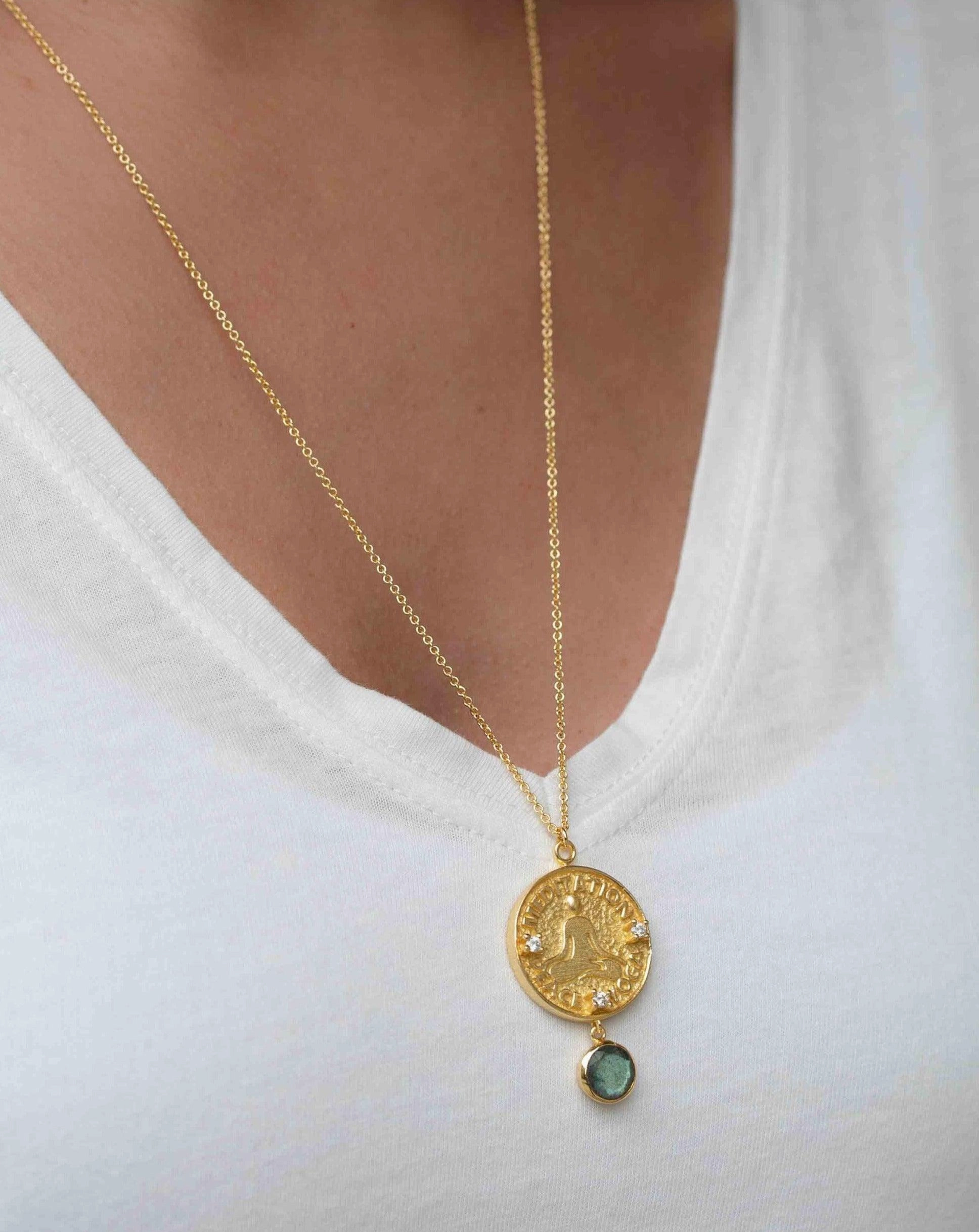 Moonstone, Labradorite or Aqua Chalcedony ~ Meditation Peace Yoga Necklace  ~ Gold plated 18k  ~ Cubic zirconia ~ MN118