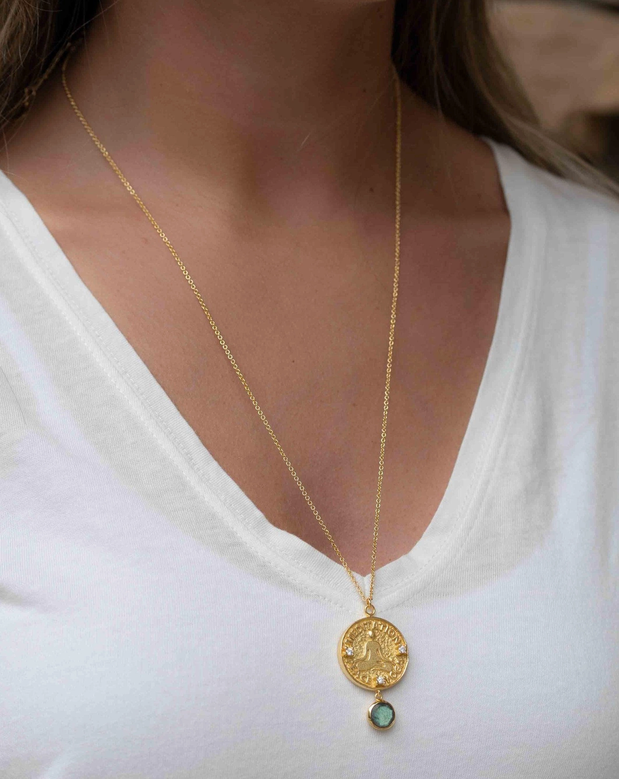Moonstone, Labradorite or Aqua Chalcedony ~ Meditation Peace Yoga Necklace  ~ Gold plated 18k  ~ Cubic zirconia ~ MN118