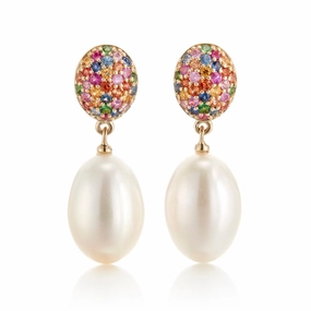 Multi-Colored Sapphire & Pearl Drop Earrings
