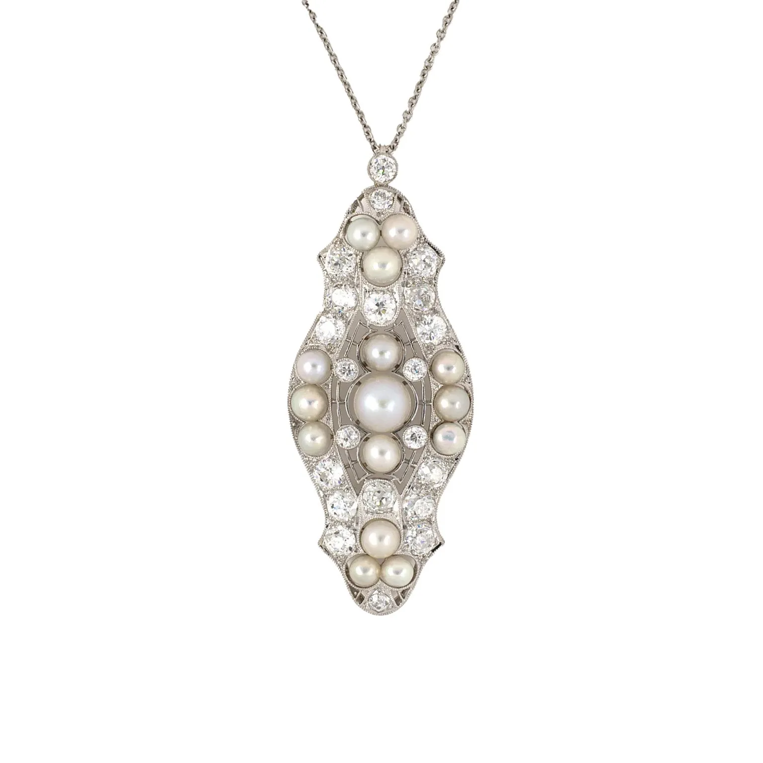 Natural Pearl & Diamond Filigree Pendant Necklace
