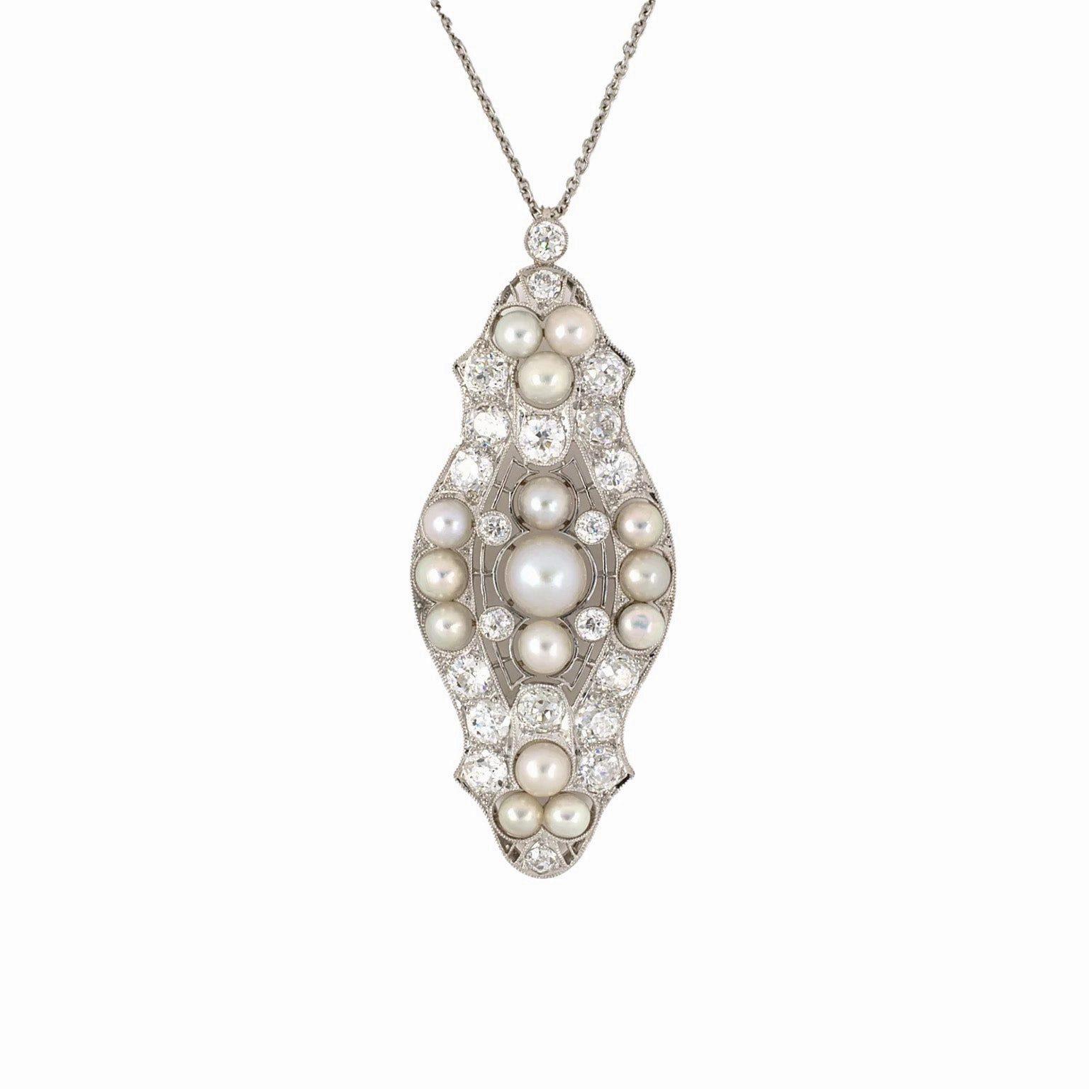 Natural Pearl & Diamond Filigree Pendant Necklace