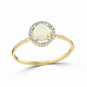 October Birthstone: 14K Yellow Gold Diamond And Australian Opal Halo Ring