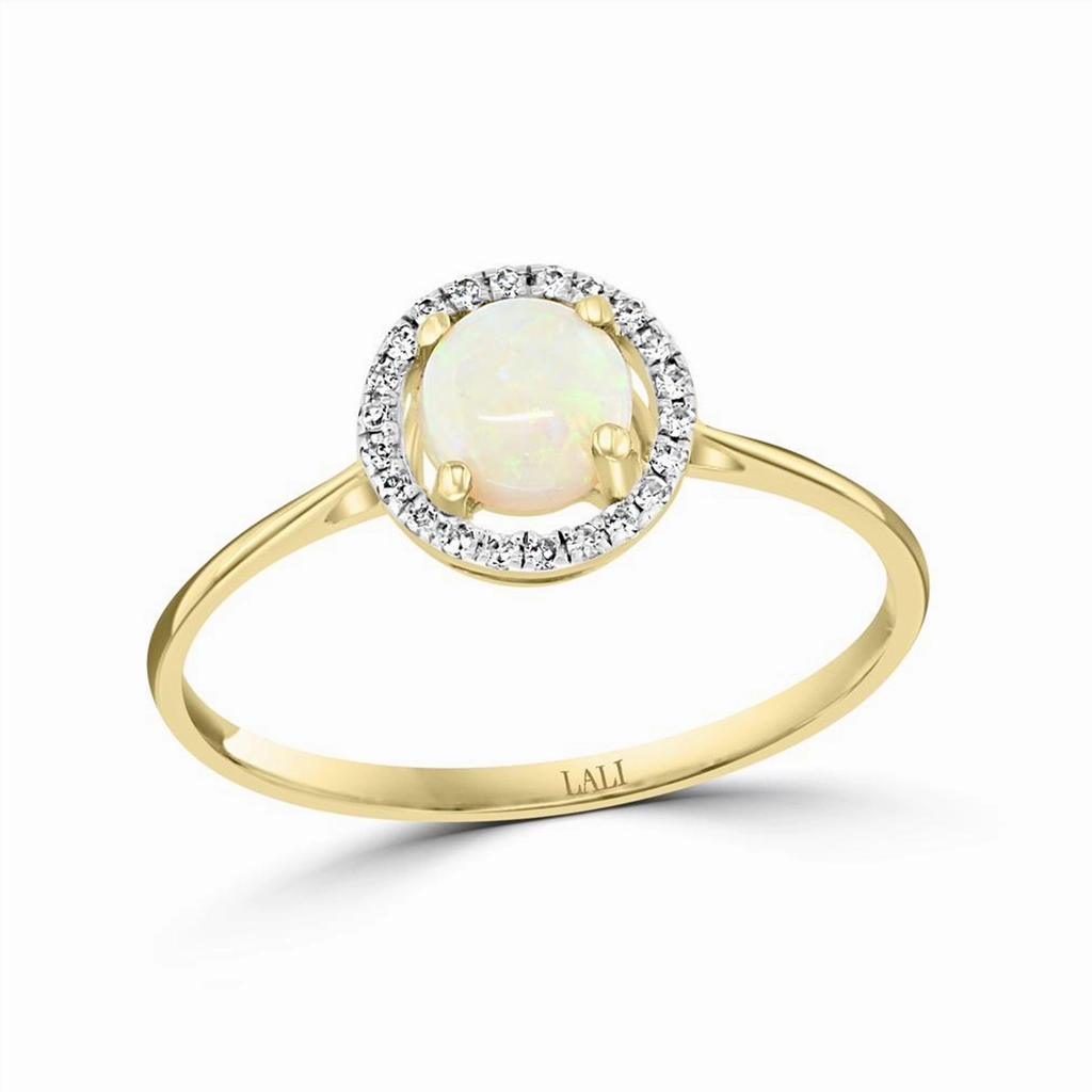 October Birthstone: 14K Yellow Gold Diamond And Australian Opal Halo Ring