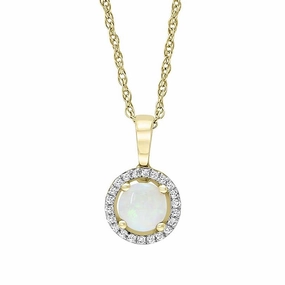 October Birthstone Pendant: 14K Yellow Gold Diamond And Opal Halo Pendant Necklace