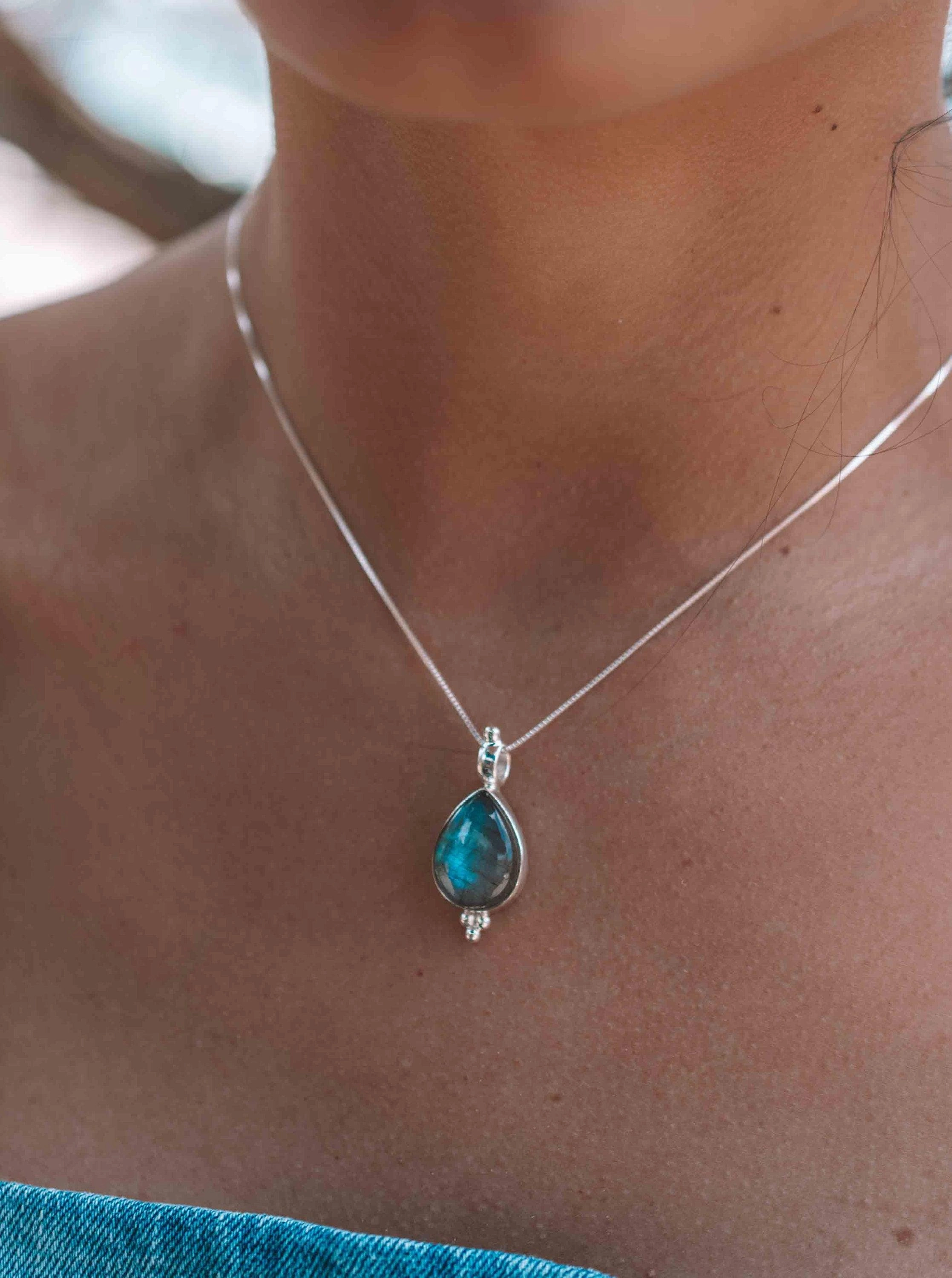 Olivia Larimar, Labradorite and Moonstone Tear Drop Necklace ~ Sterling Silver ~ MP006