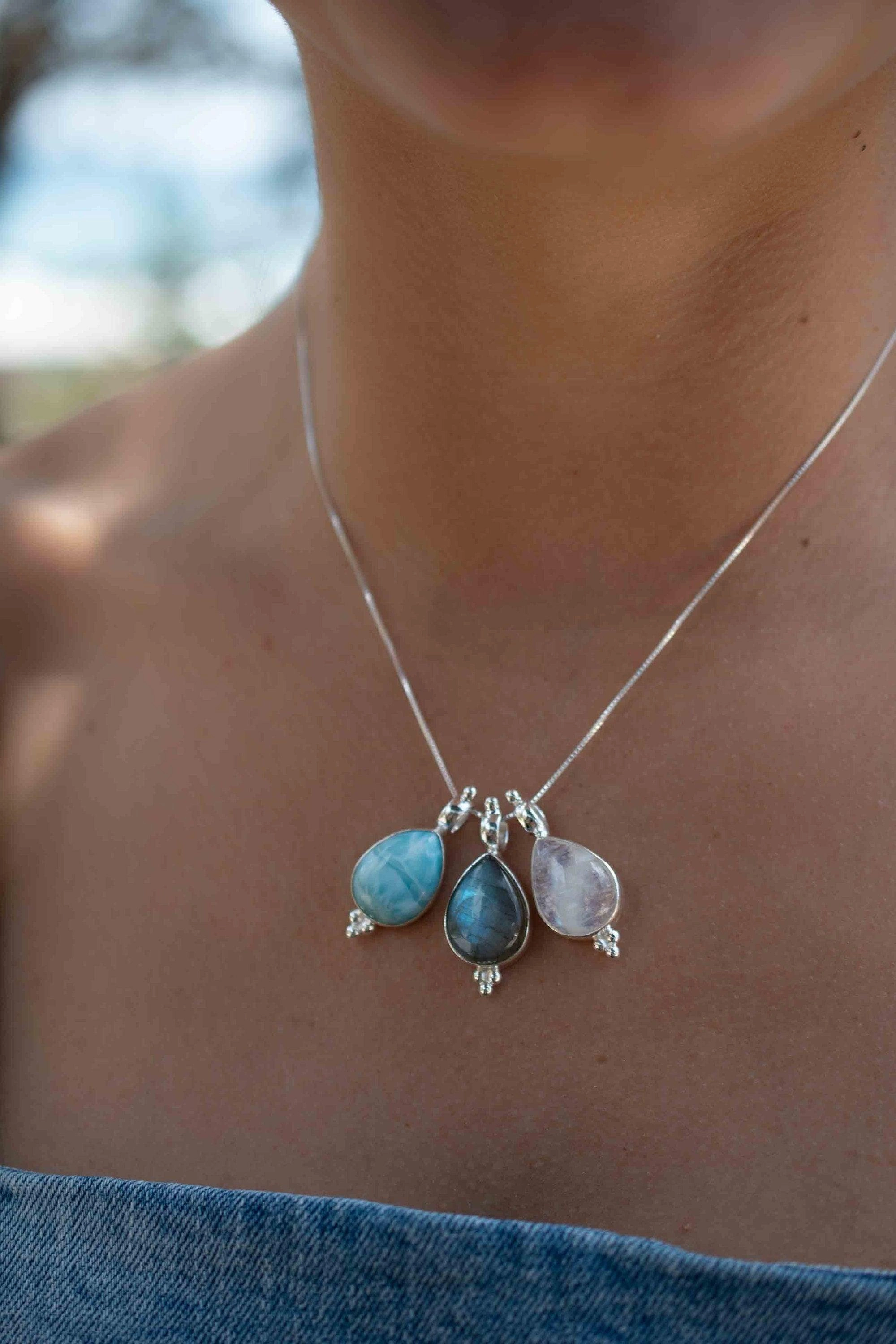 Olivia Larimar, Labradorite and Moonstone Tear Drop Necklace ~ Sterling Silver ~ MP006