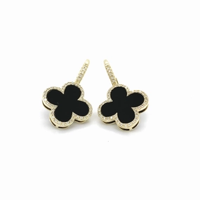 Onyx and Diamond Clover Drop Earrings
