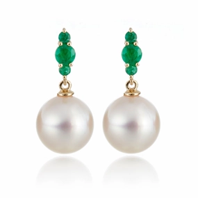 Orion Earrings in White Akoya Pearls & Emeralds