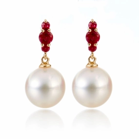 Orion Earrings in White Akoya Pearls & Rubies