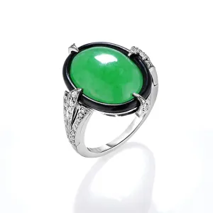 Oval Green Jade, Black Enamel & Diamond Ring