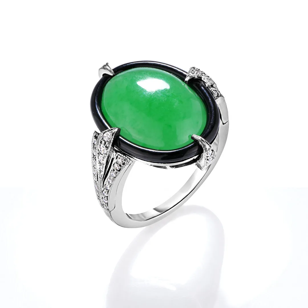 Oval Green Jade, Black Enamel & Diamond Ring