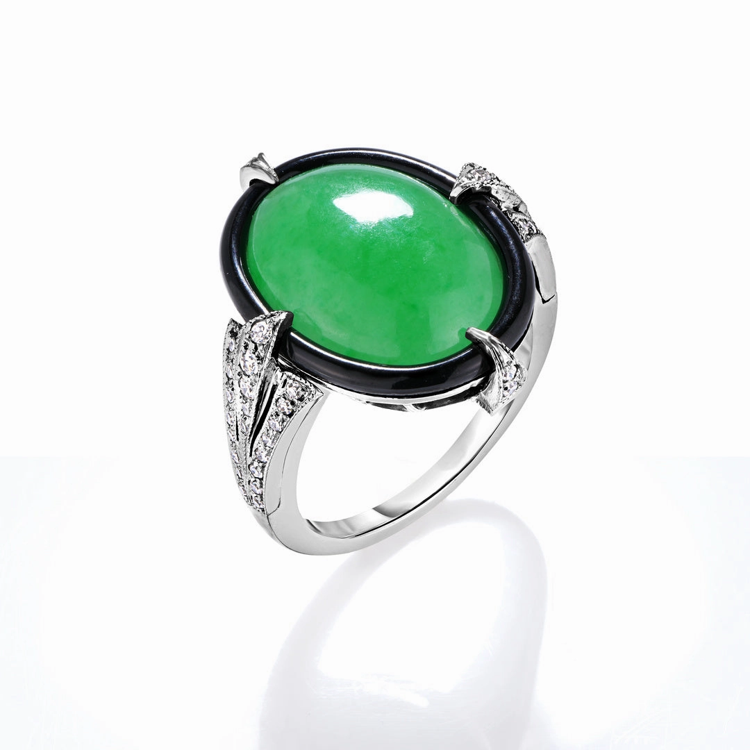 Oval Green Jade, Black Enamel & Diamond Ring