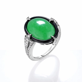 Oval Green Jade, Black Enamel & Diamond Ring