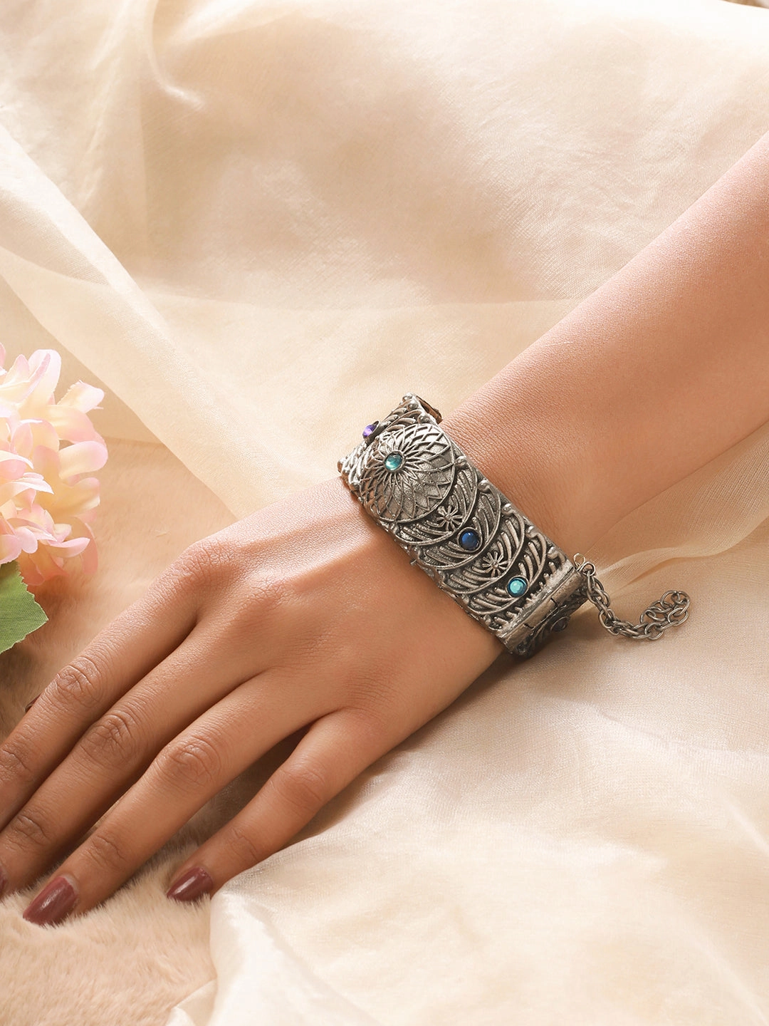 Oxidized Silver-Plated & Blue Stone Studed Antique Dome Shaped Bangle Style Bracelet