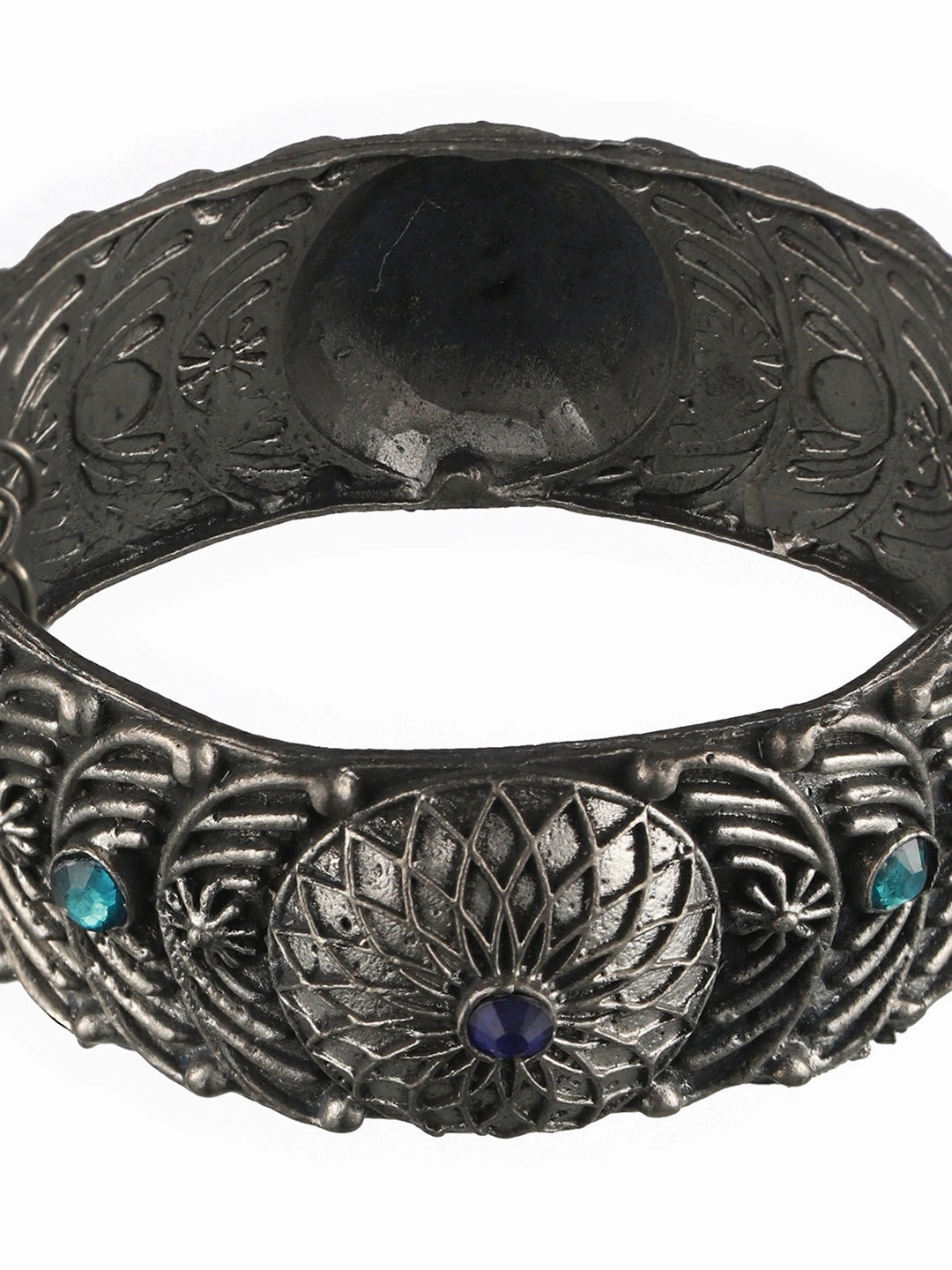 Oxidized Silver-Plated & Blue Stone Studed Antique Dome Shaped Bangle Style Bracelet