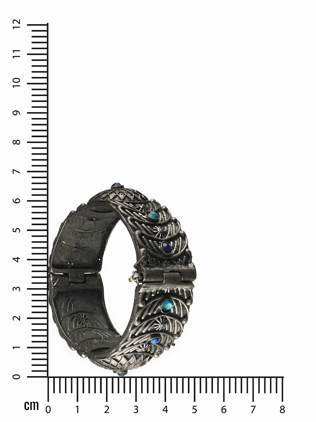 Oxidized Silver-Plated & Blue Stone Studed Antique Dome Shaped Bangle Style Bracelet